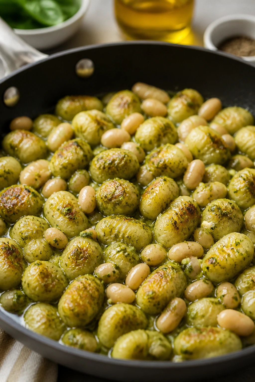 Close-up of pesto gnocchi with white beans
