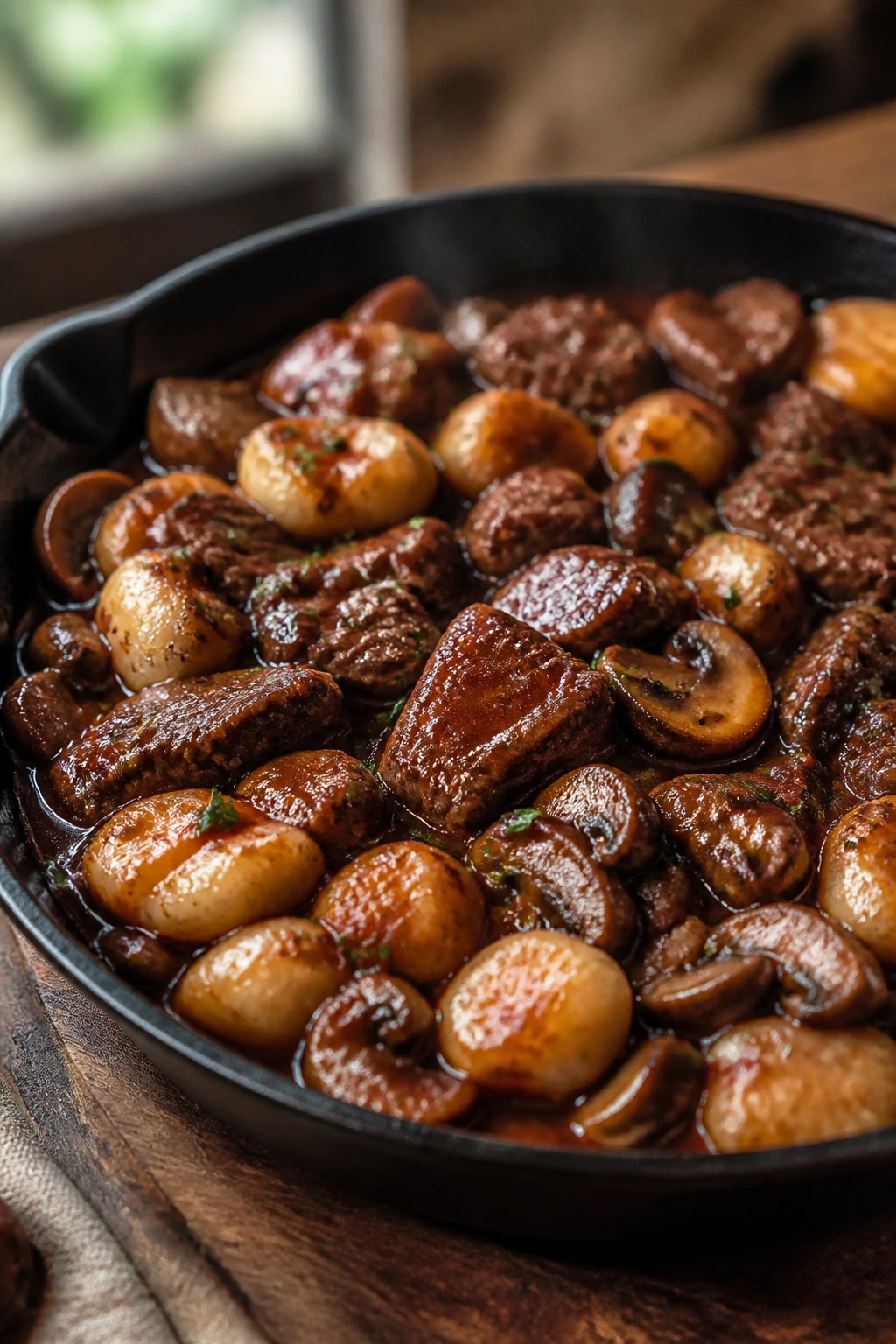 Close-up of beef and mushroom gnocchi in red wine pan sauce in a cast-iron skillet