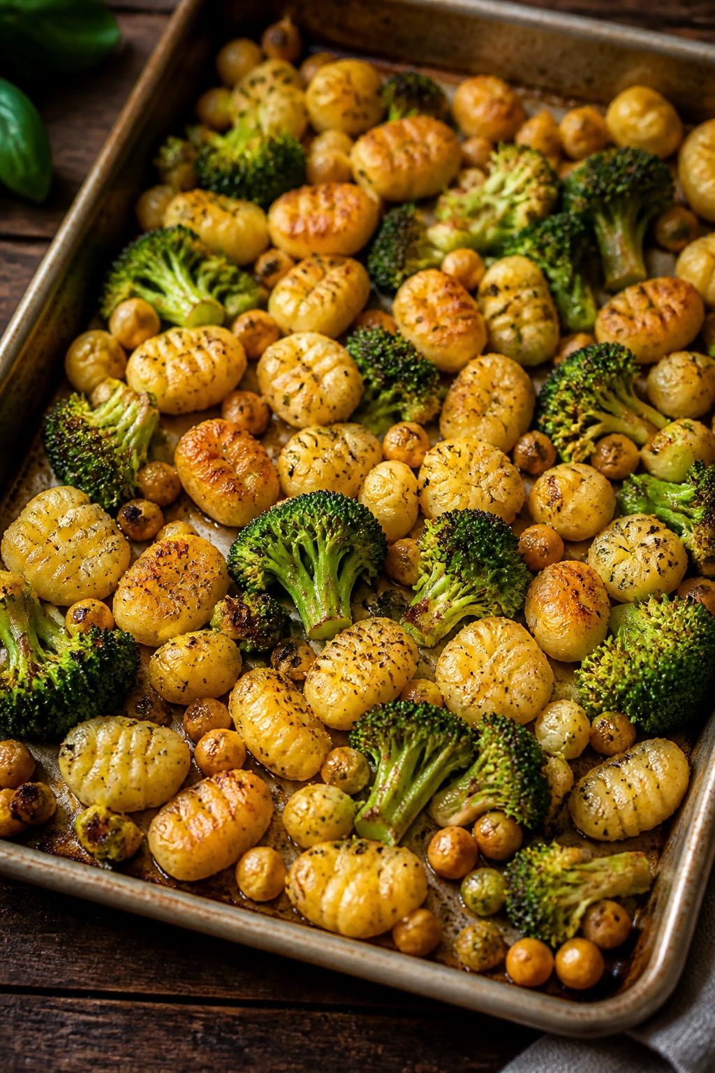 Sheet-pan gnocchi with broccoli and chickpeas on a kitchen counter