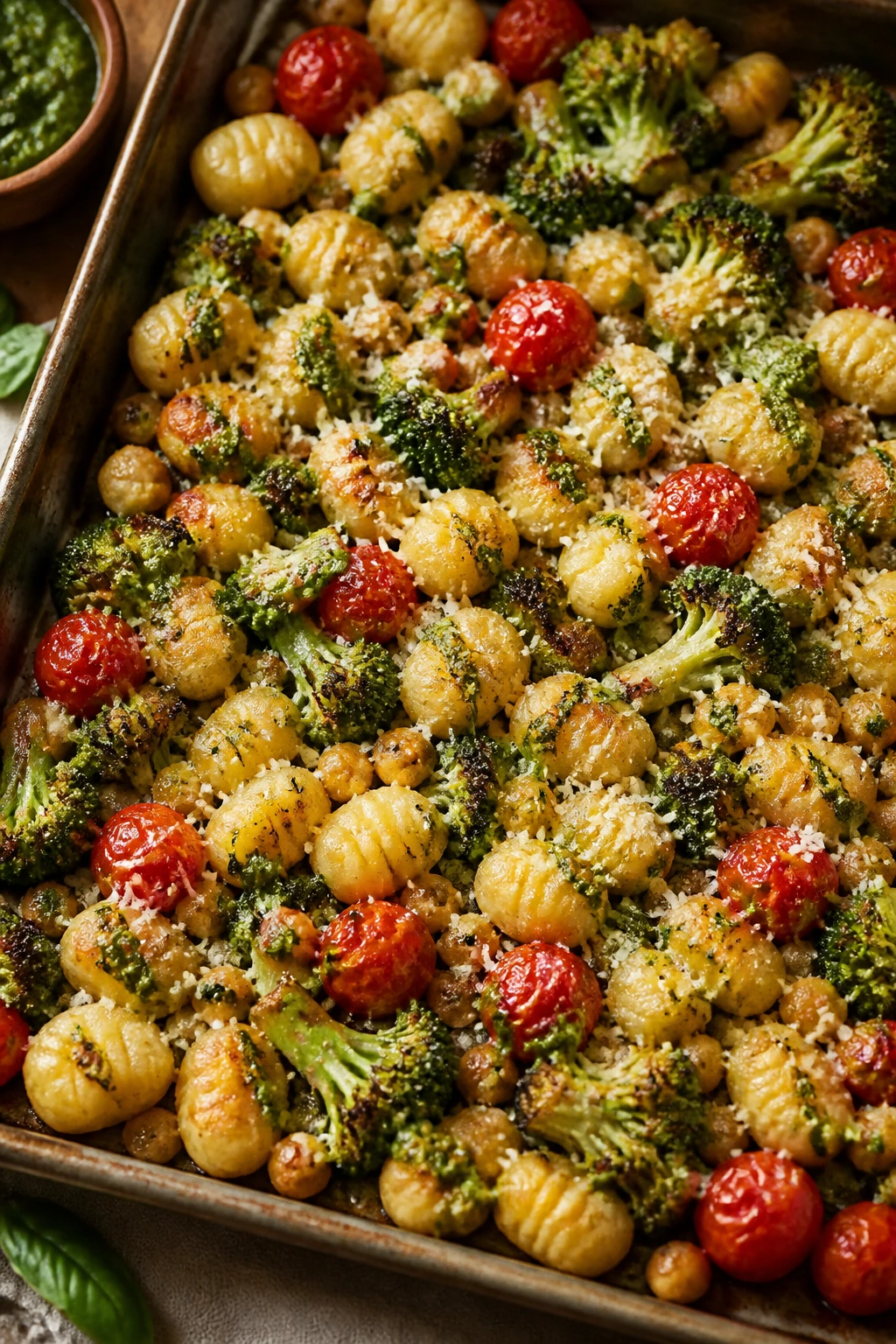 Sheet-pan gnocchi with broccoli and pesto on a baking sheet