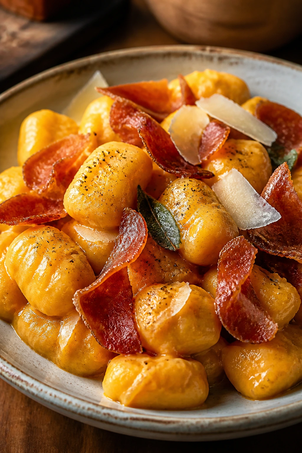 Butternut squash gnocchi with crispy prosciutto and parmesan on plate