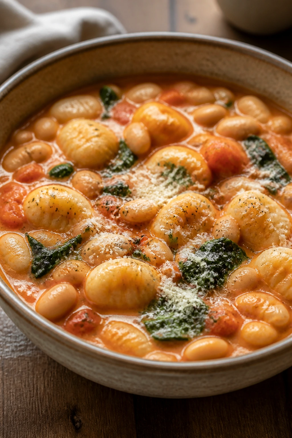 Creamy Tuscan gnocchi with beans and spinach in tomato broth