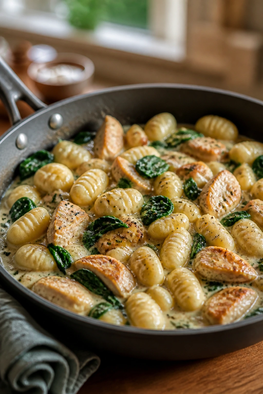 Creamy chicken gnocchi with spinach in skillet