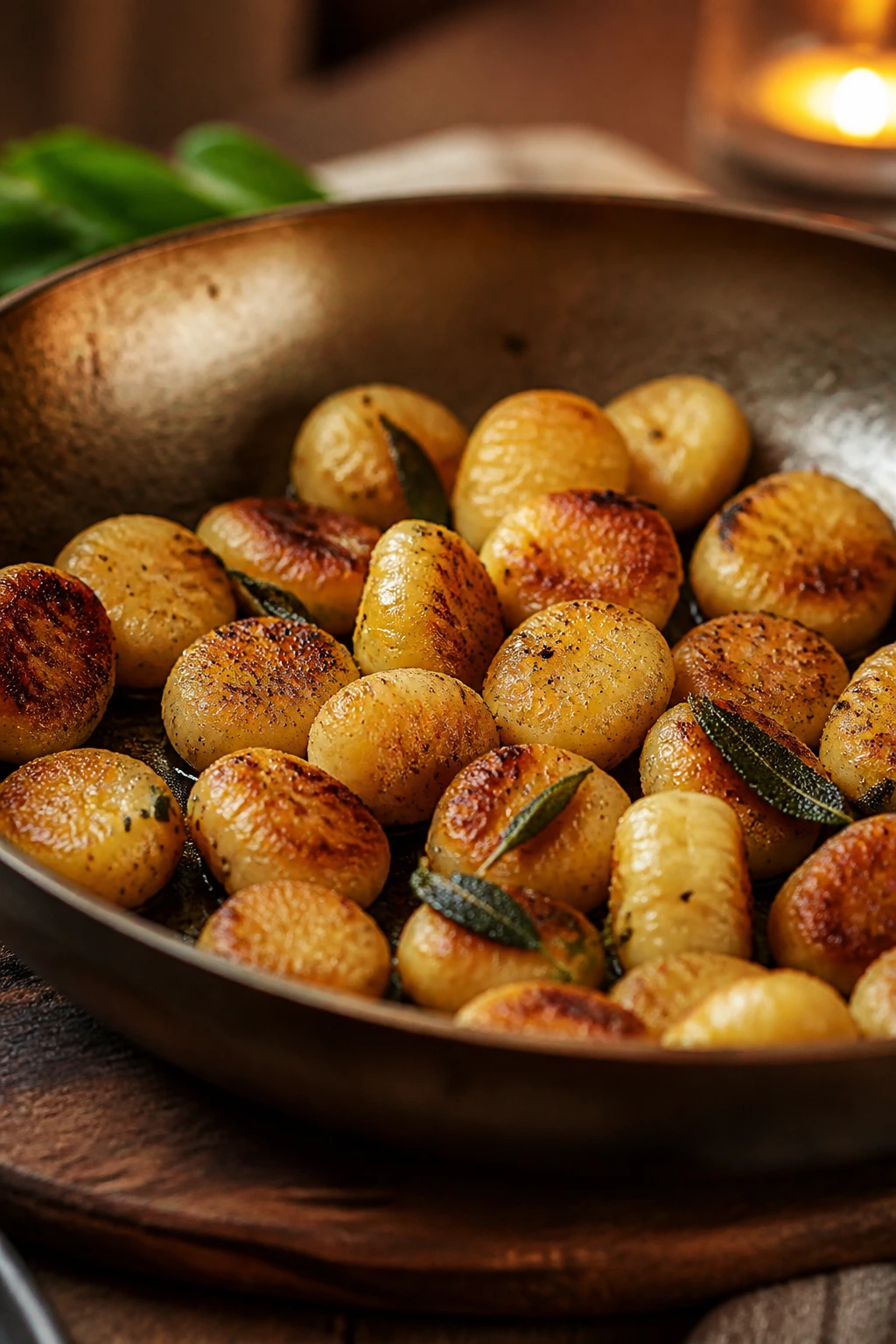 Close-up of golden gnocchi dumplings with crisp edges