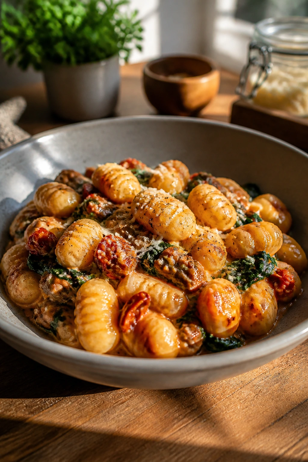 Cozy gnocchi dinner close-up in a warm kitchen