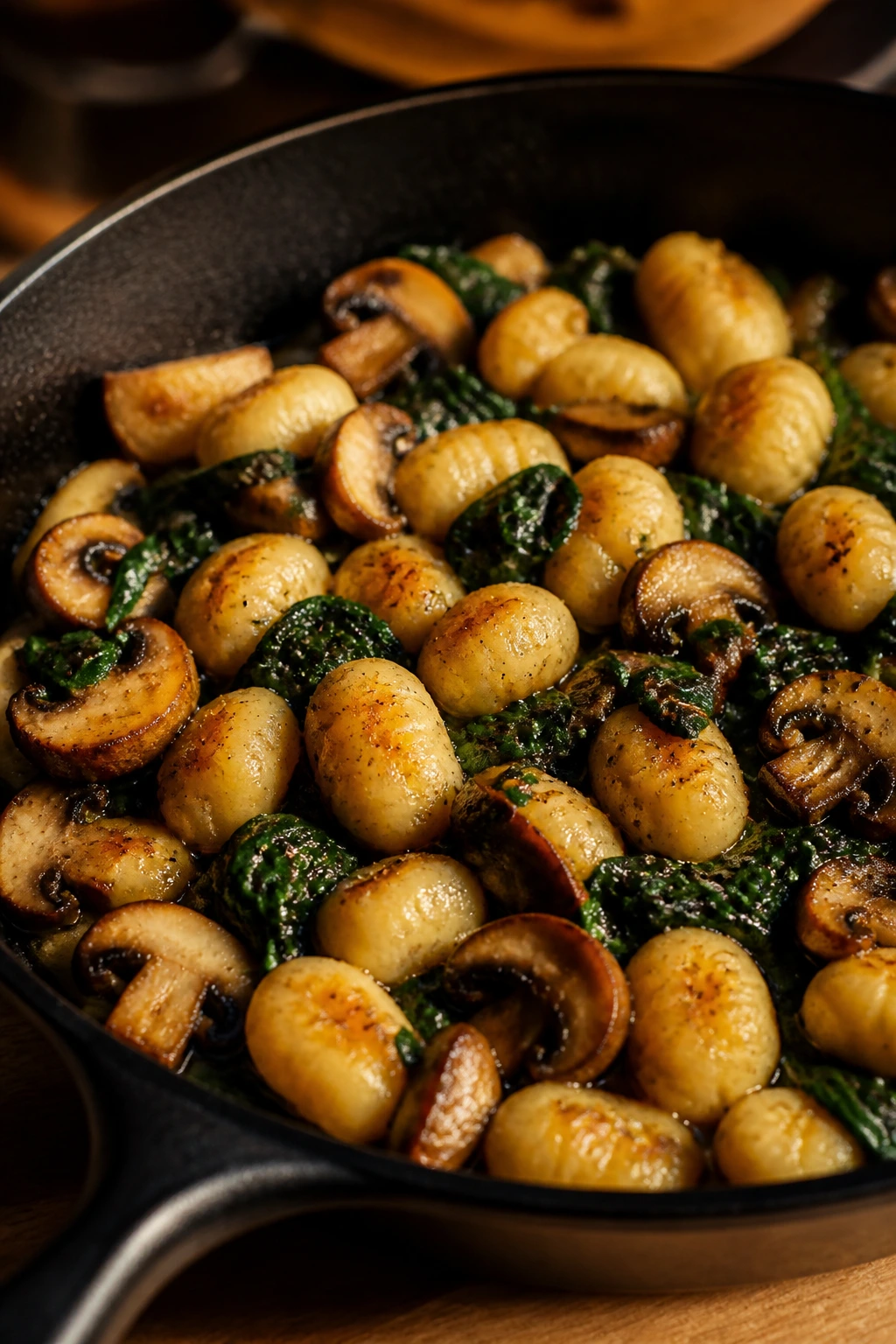 Close-up of browned gnocchi with mushrooms and spinach in a skillet