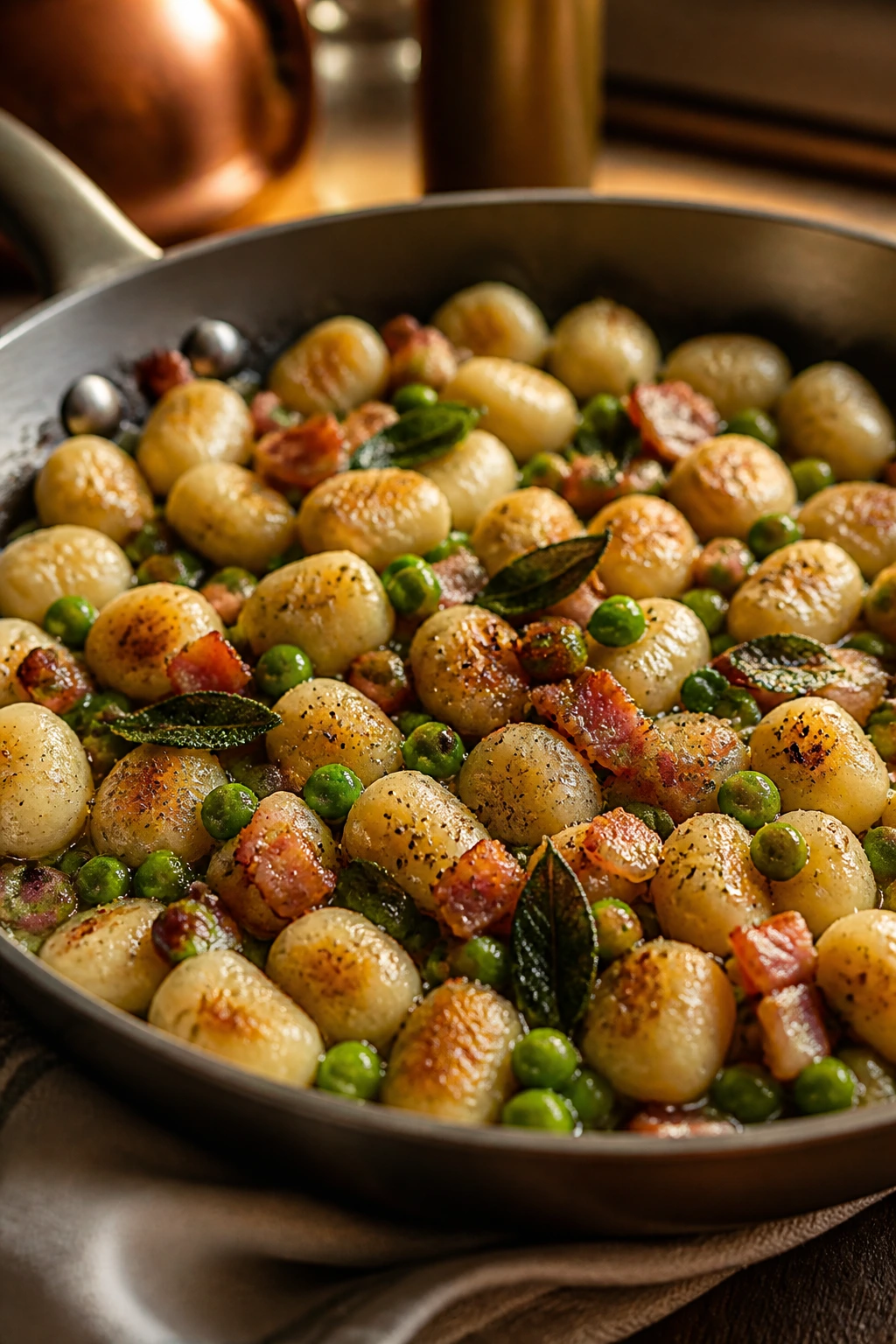 Gnocchi in brown butter with pancetta and peas in skillet