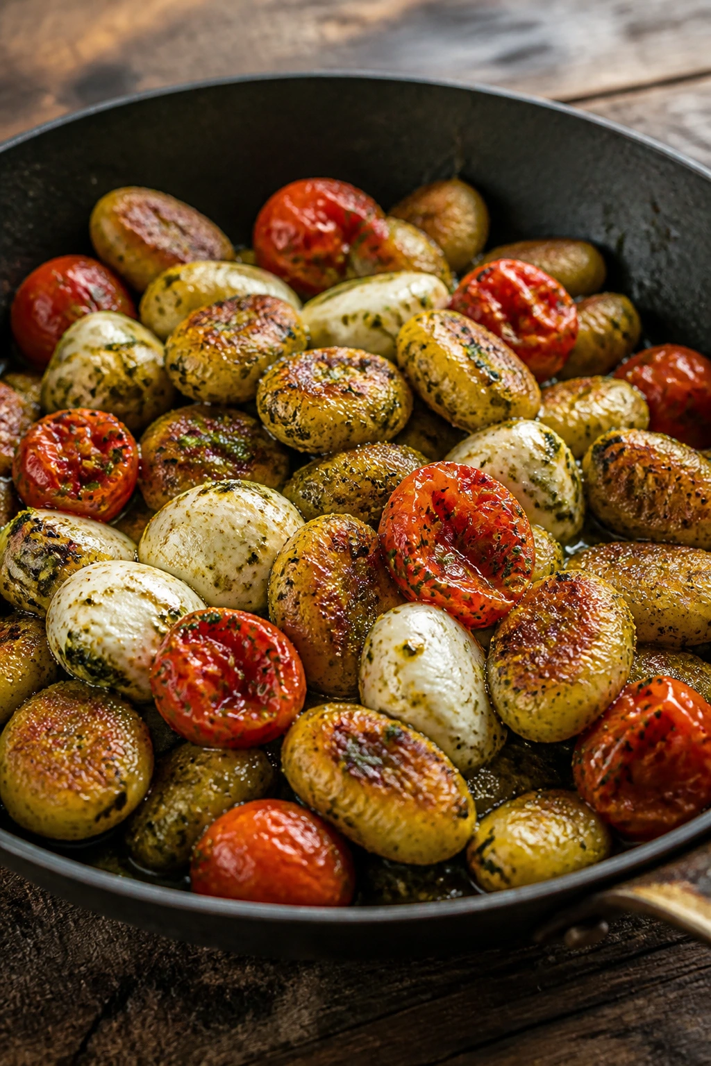 Gnocchi with pesto, mozzarella and cherry tomatoes in skillet
