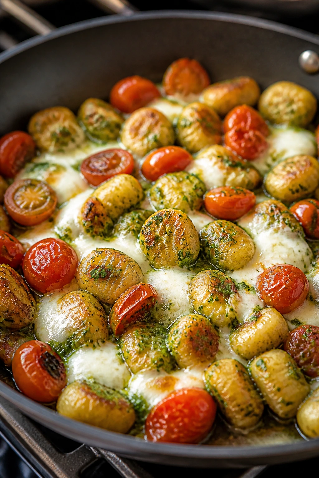 Close-up of pesto gnocchi with tomatoes and mozzarella in a skillet