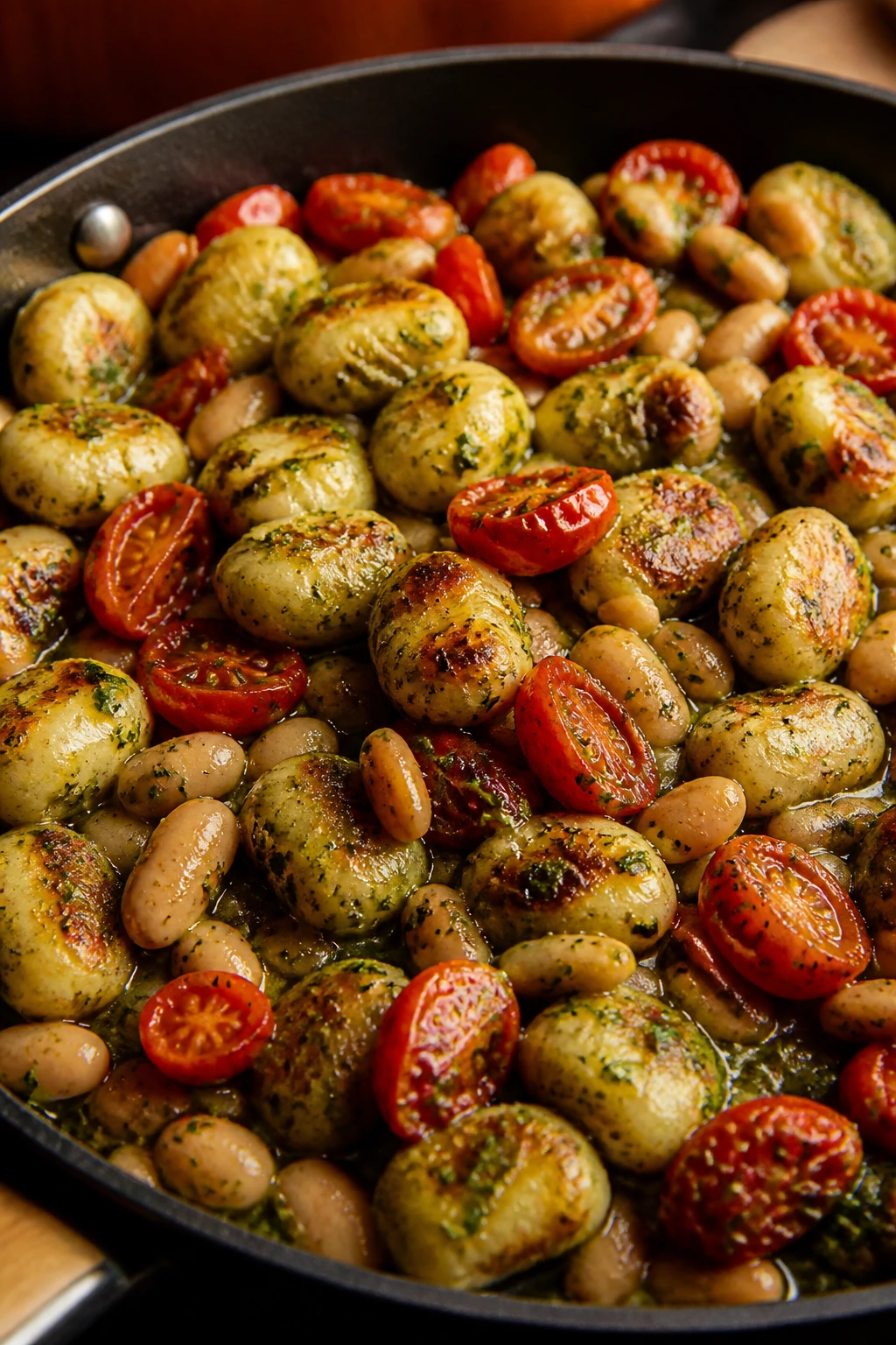 Gnocchi with pesto, tomatoes, and white beans in a skillet.