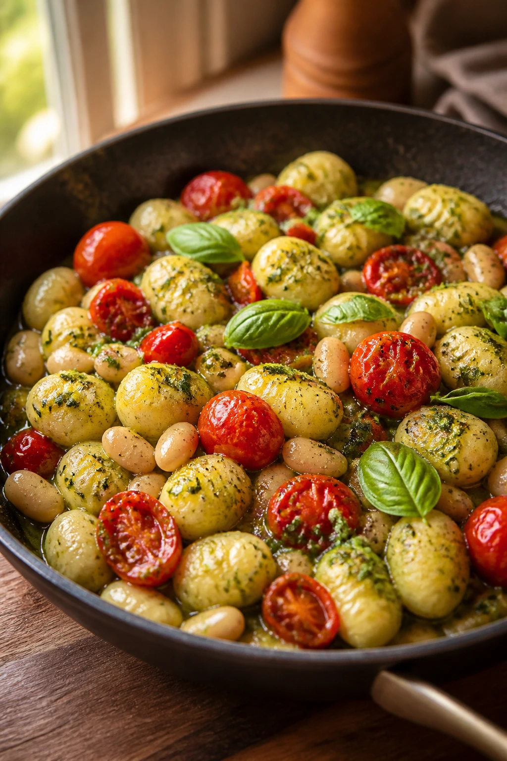 Gnocchi with pesto tomatoes and beans