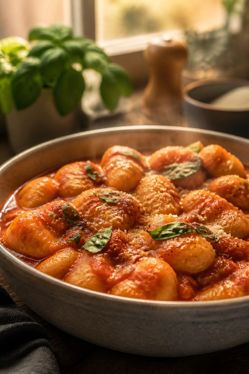 Steaming gnocchi dinner close-up in a bowl