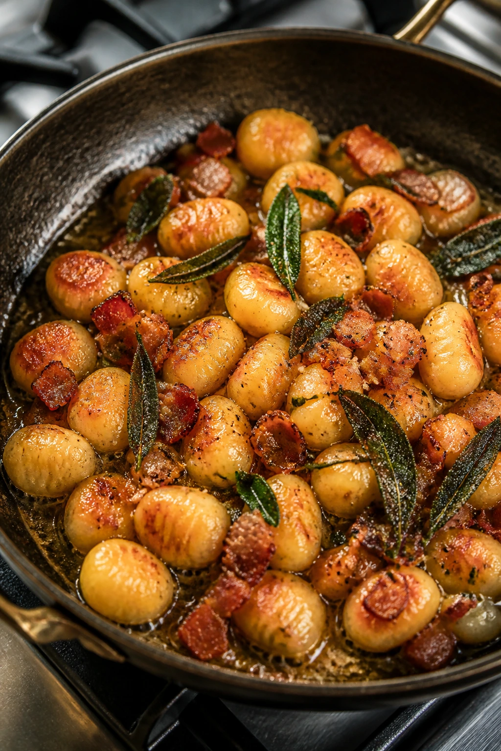 Close-up of brown butter gnocchi with crispy sage and pancetta