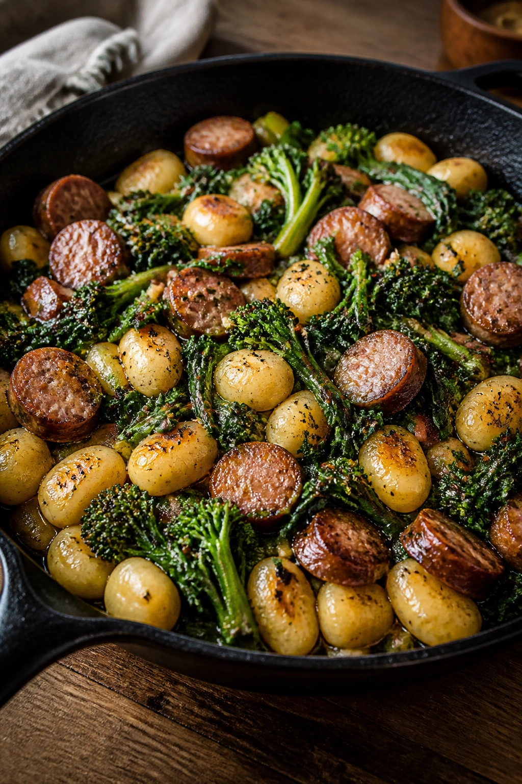 Gnocchi skillet with sausage and broccoli rabe