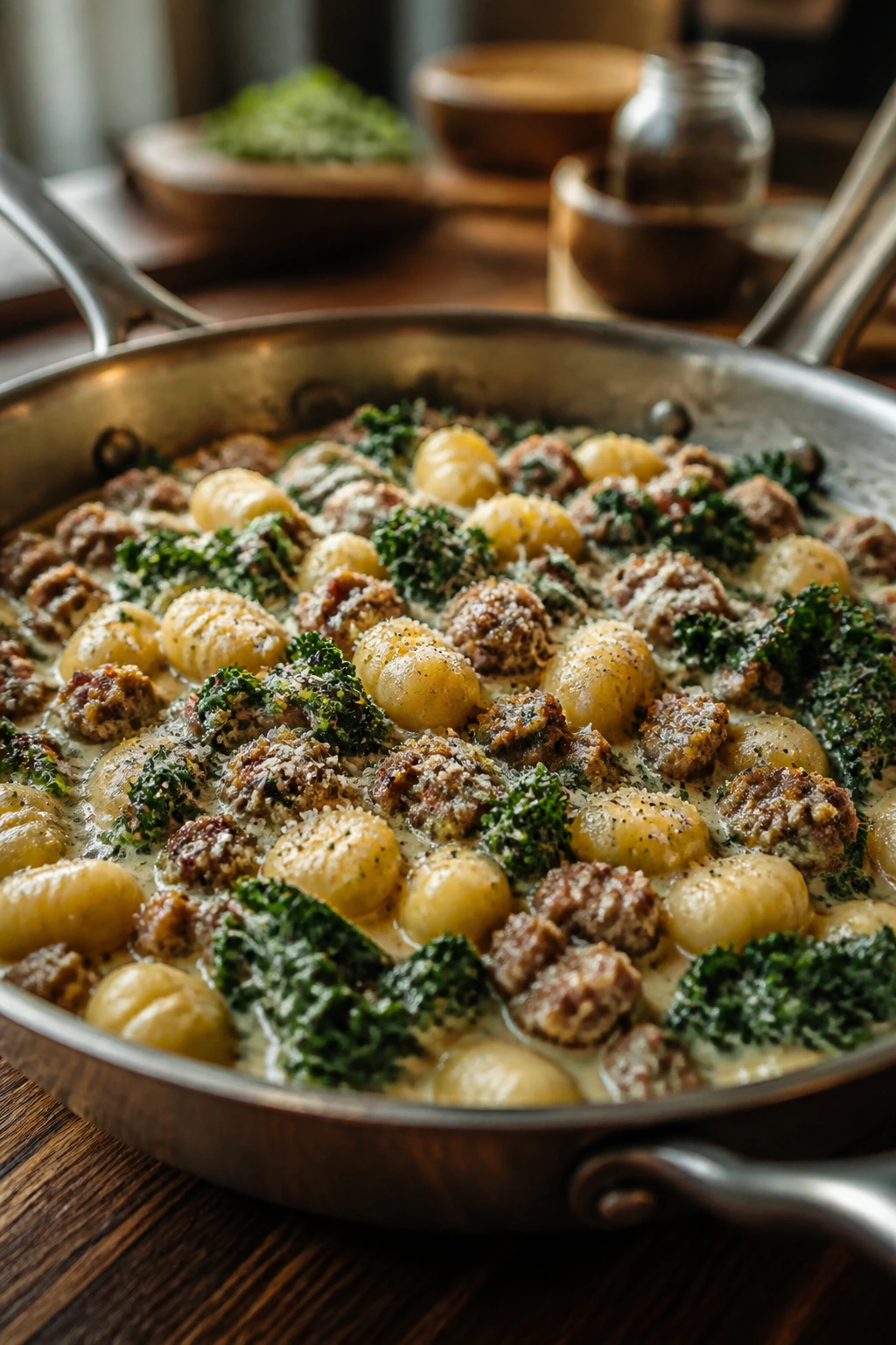 Medium close-up of gnocchi with sausage and kale in a skillet
