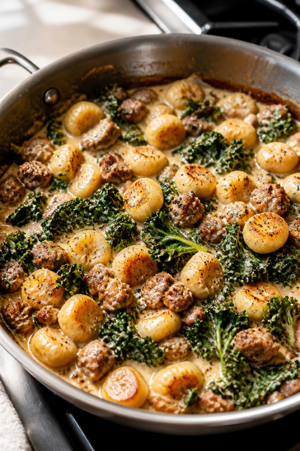 Skillet with gnocchi, sausage, and kale in creamy sauce
