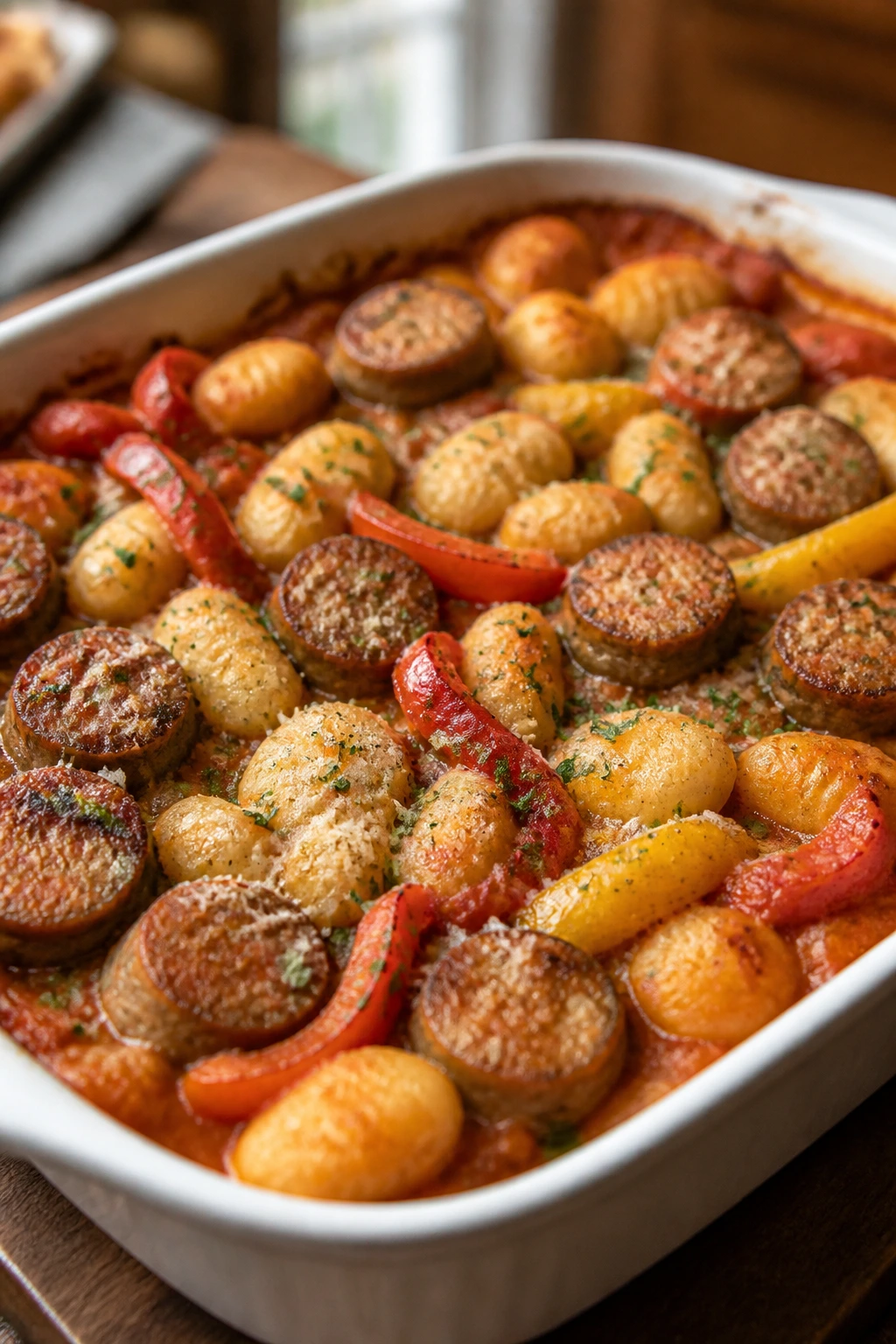 Sausage bell pepper gnocchi bake in baking dish