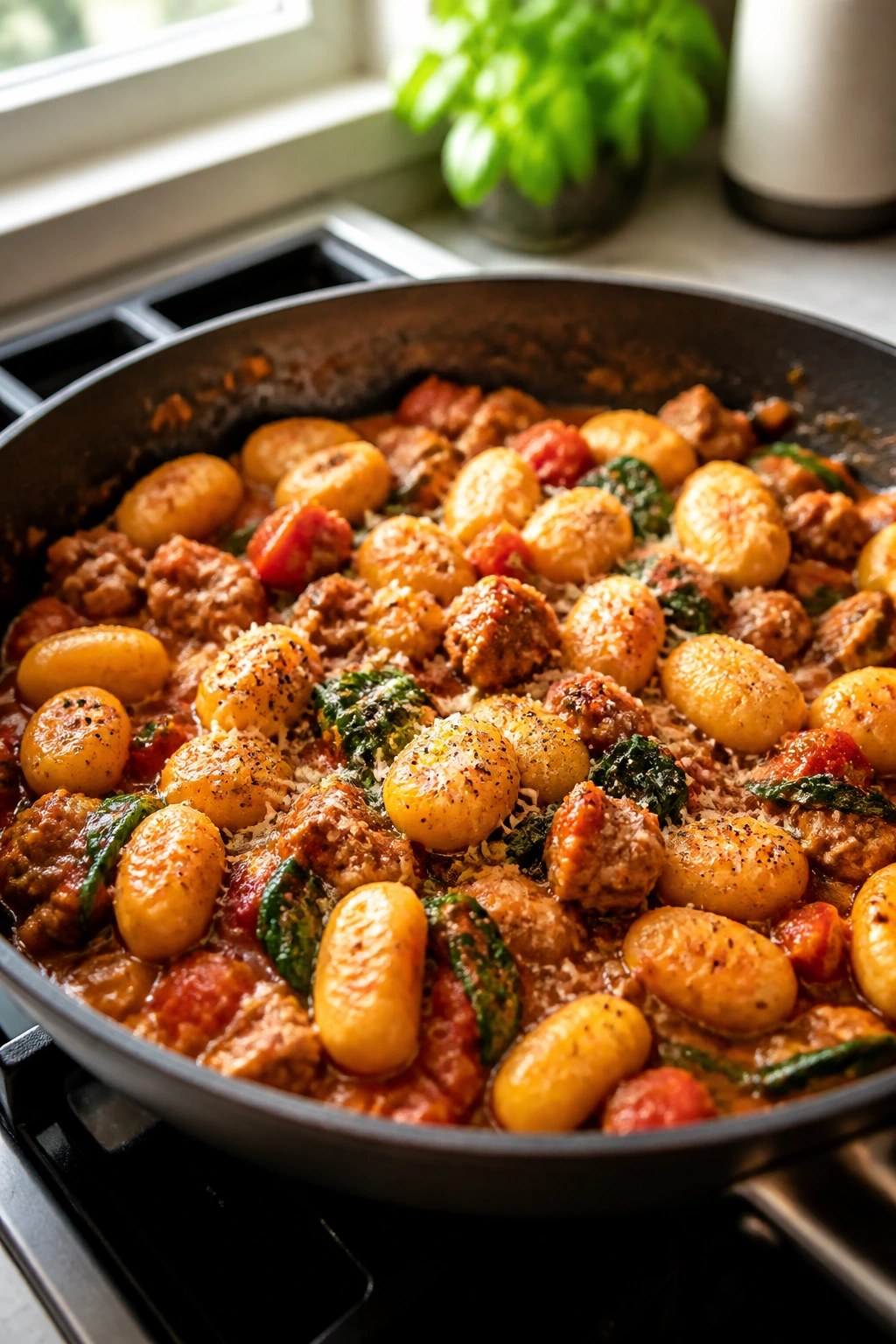 Close-up of a sausage gnocchi skillet with marinara, spinach and parmesan