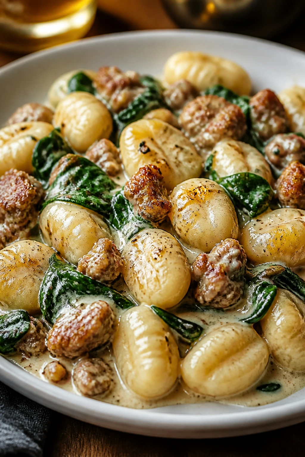 Gnocchi with sausage and spinach in cream sauce on plate