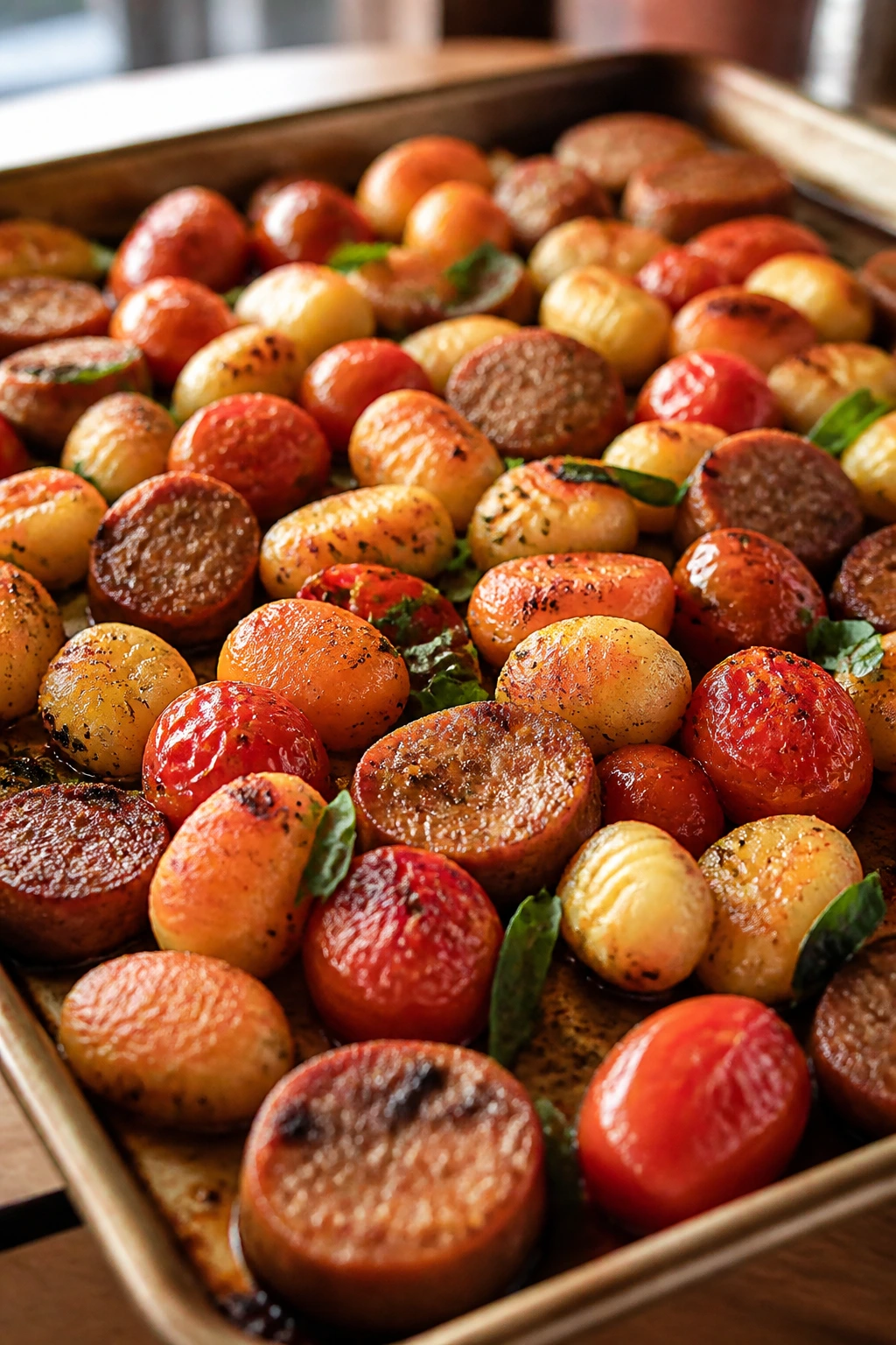 Close-up of roasted gnocchi with sausage and cherry tomatoes on a baking sheet in a warm kitchen