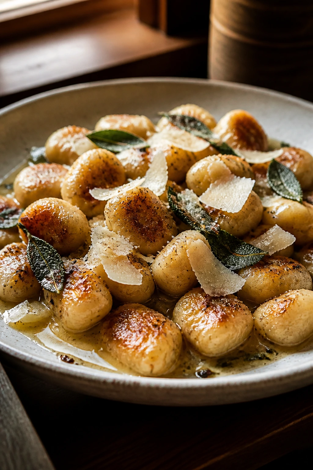 Close-up of gnocchi in brown-butter sauce in a shallow bowl on a warm kitchen table