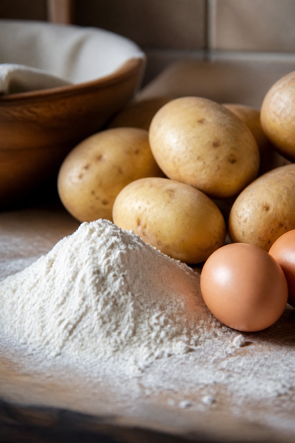 Potatoes, flour, and eggs on kitchen counter for gnocchi prep