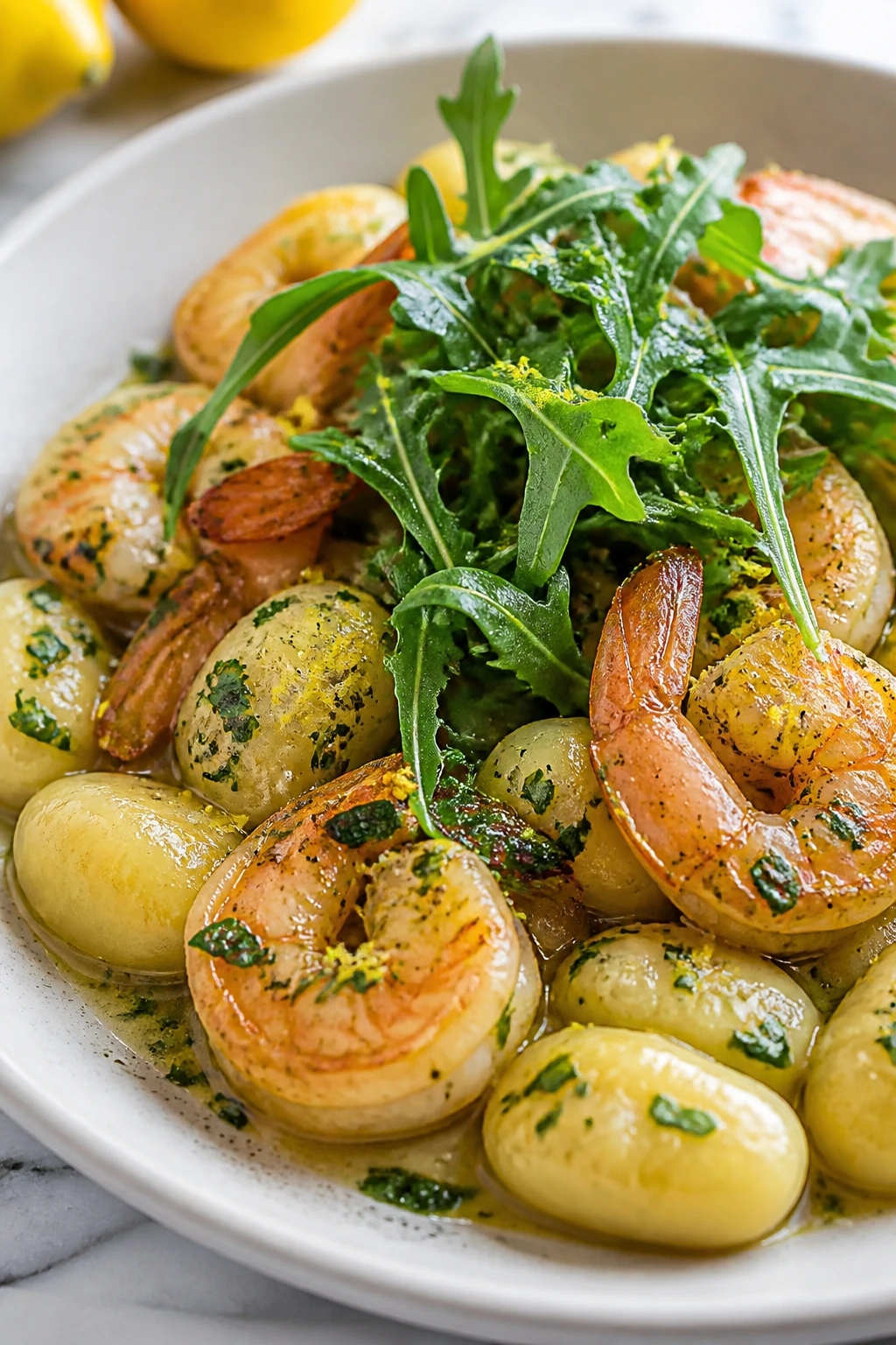 Shrimp gnocchi with garlic butter lemon arugula on plate