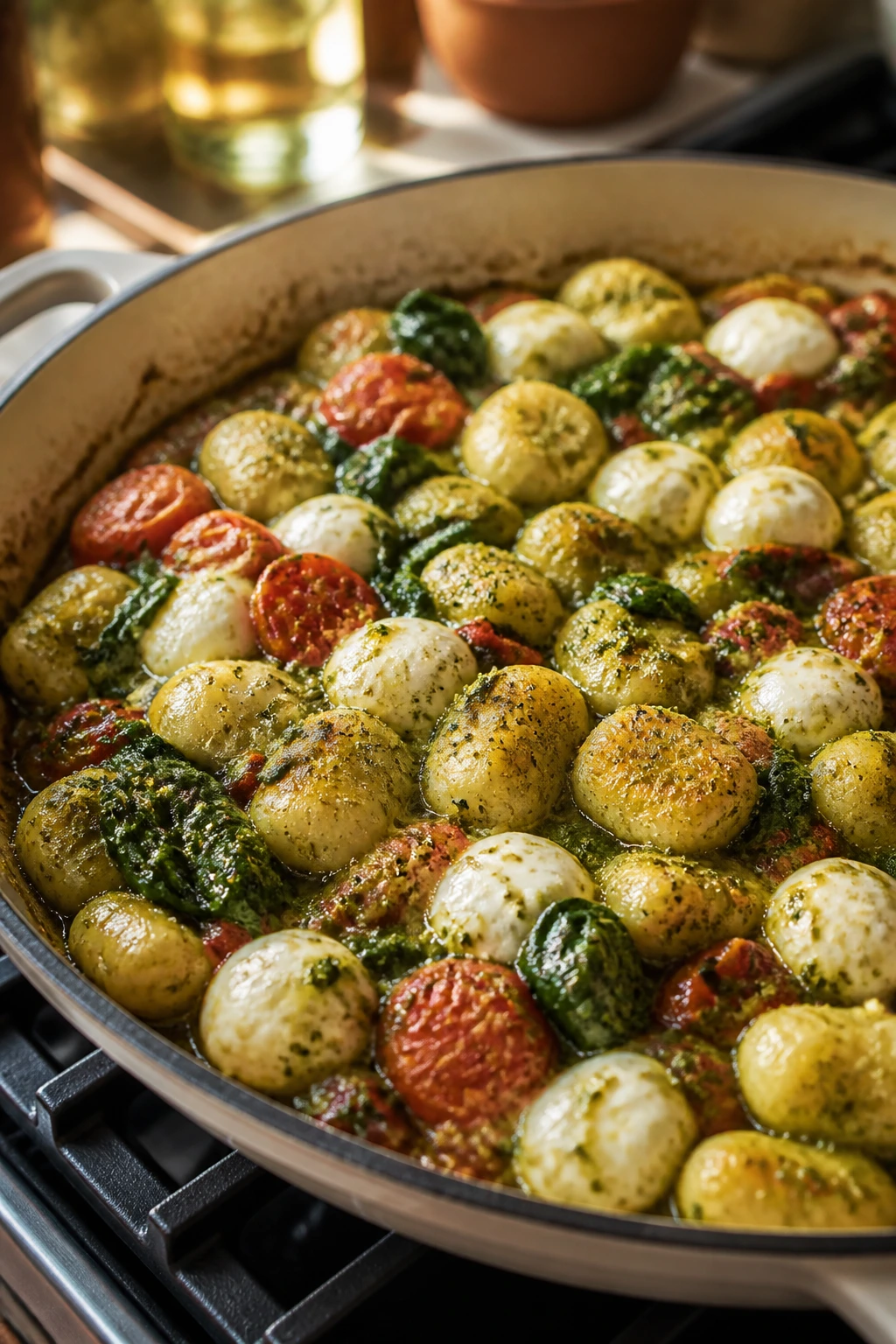 Close-up of gnocchi in a skillet with pesto, cherry tomatoes, and mozzarella melting