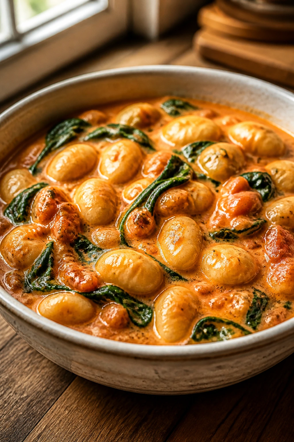 Close-up of creamy gnocchi with spinach in rustic bowl