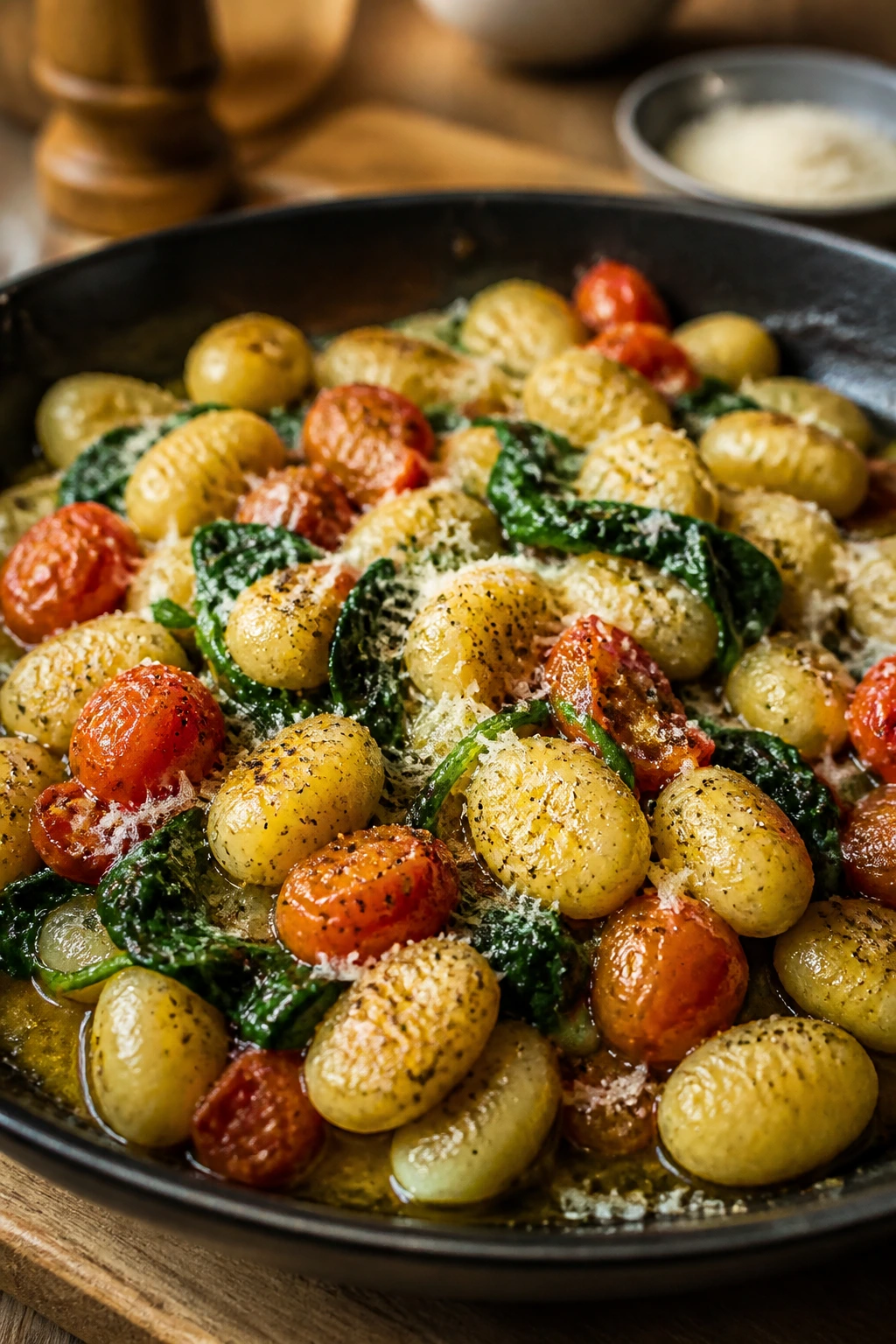 Close-up of skillet gnocchi with spinach and tomatoes