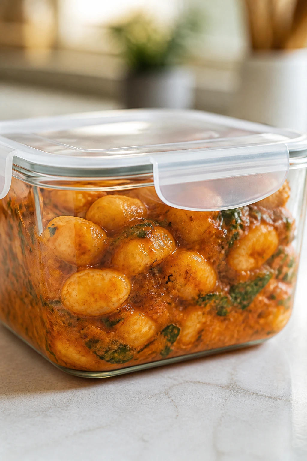 Gnocchi stored in airtight container ready for reheating
