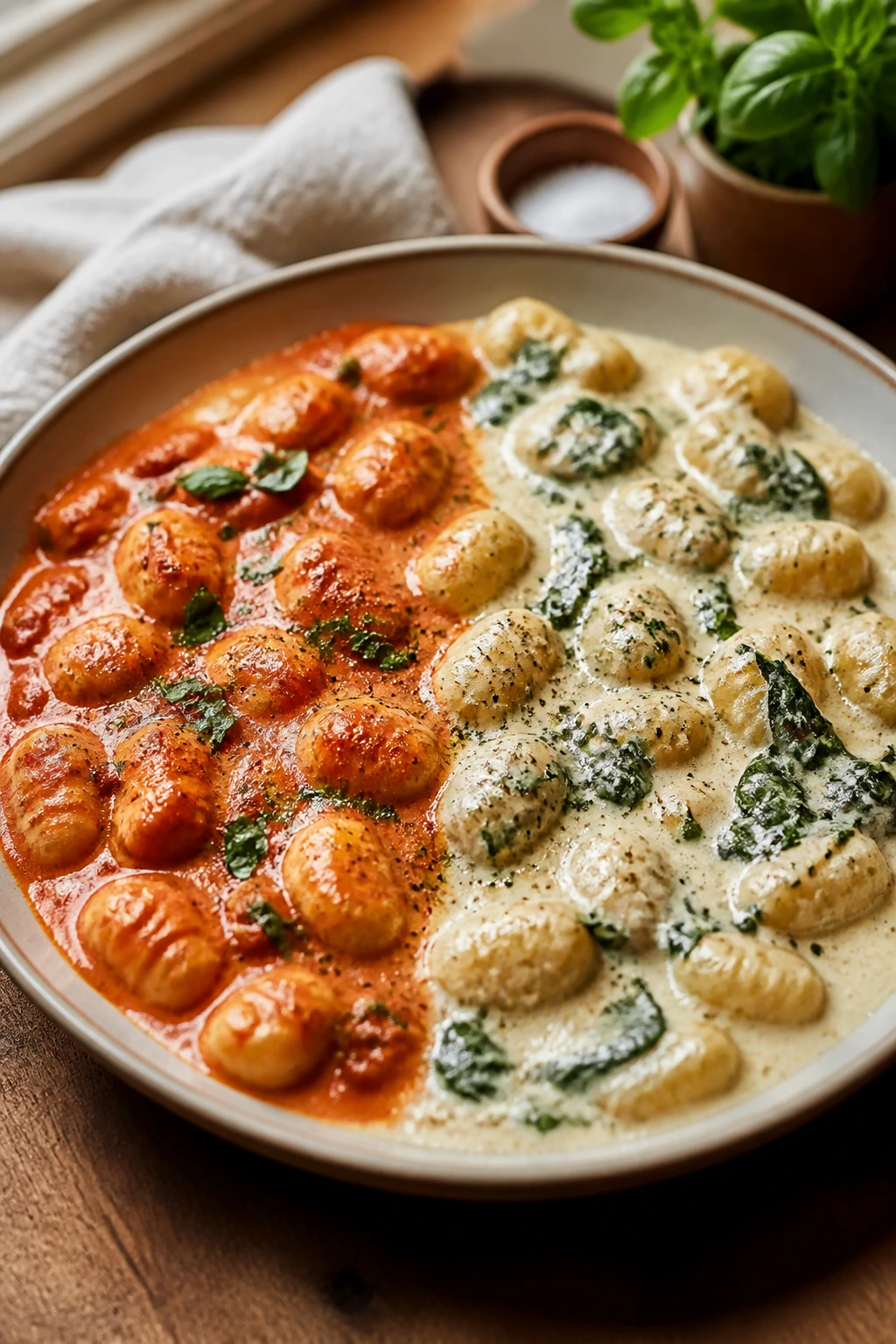 Gnocchi with two sauces on one plate showing variations
