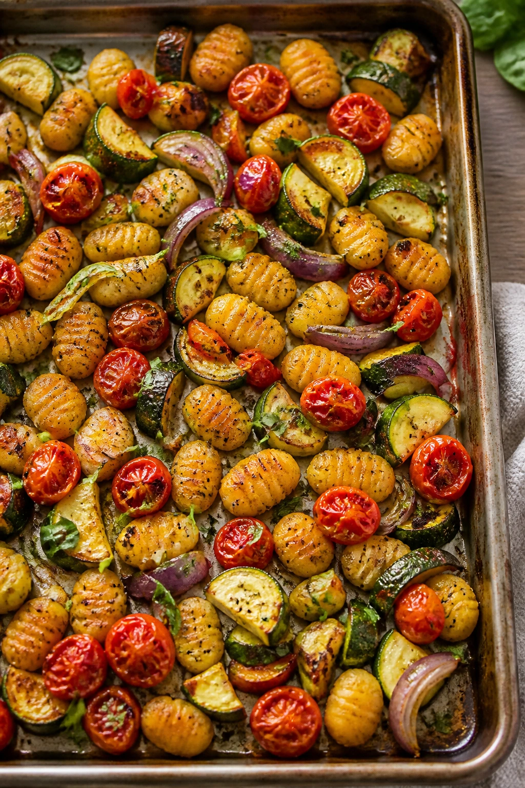 Top-down view of sheet pan gnocchi with vegetables in a warm kitchen