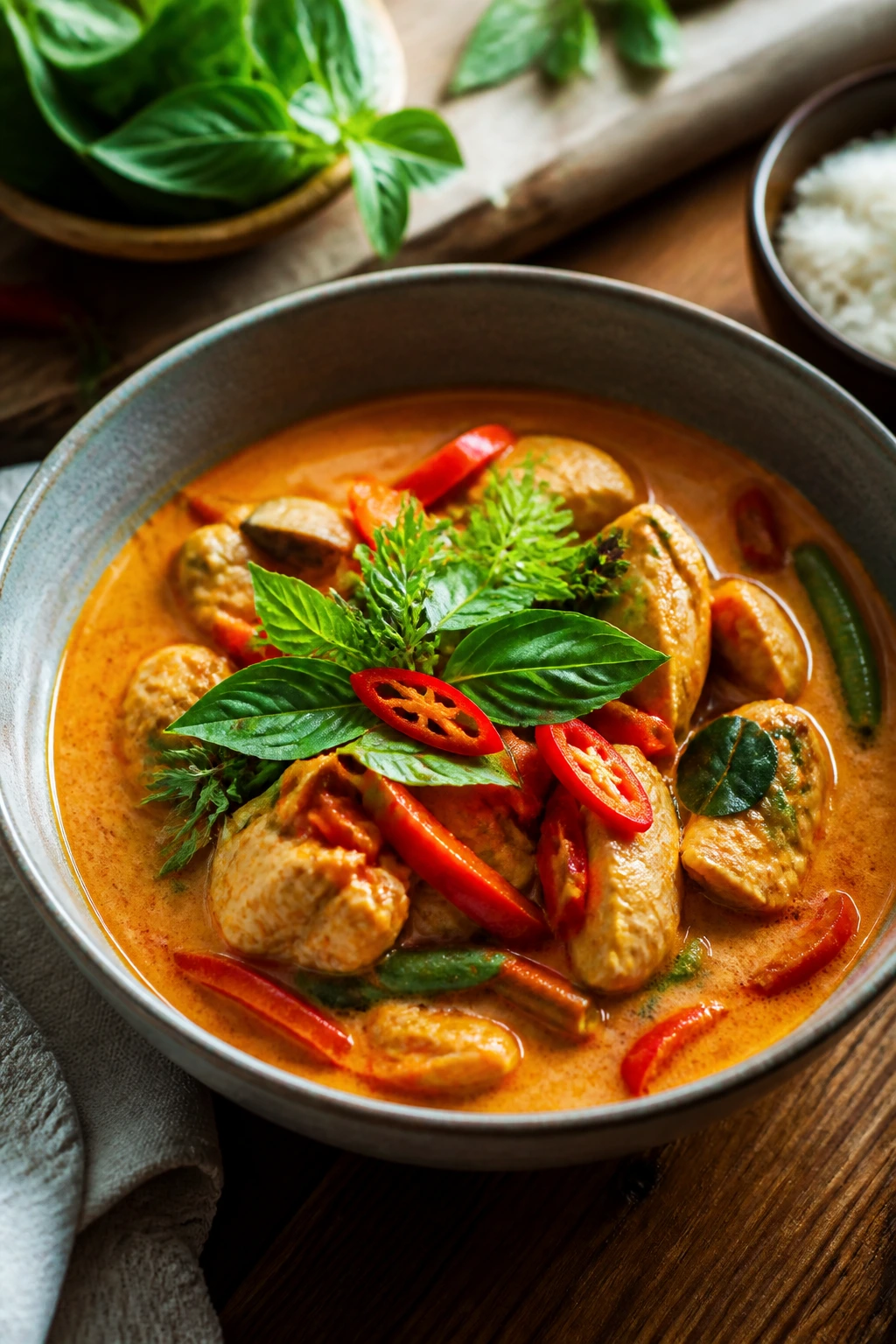 Close-up of a vibrant coconut curry bowl filling the frame