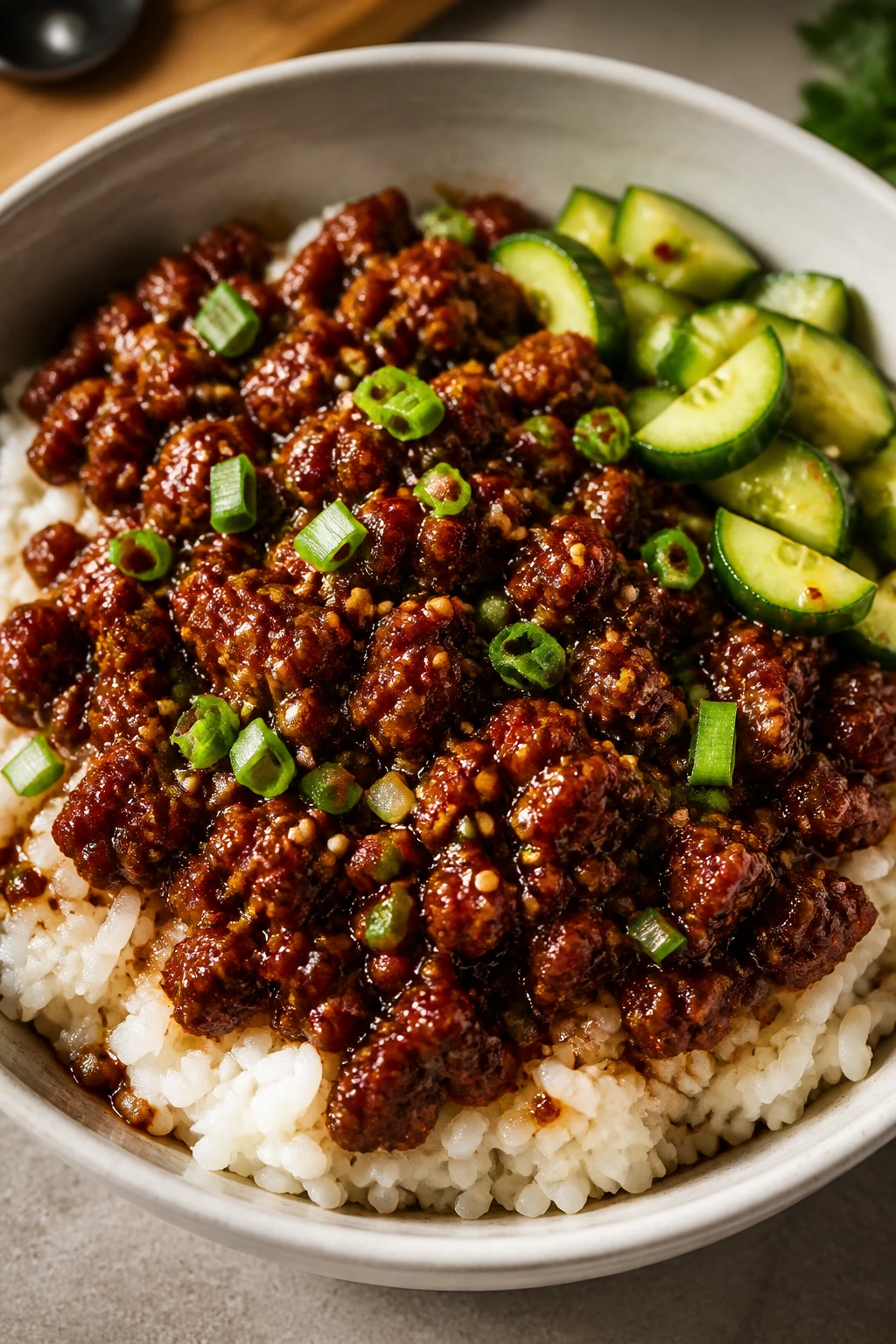 Close-up of gochujang ground beef bowls with rice and cucumber on a kitchen counter