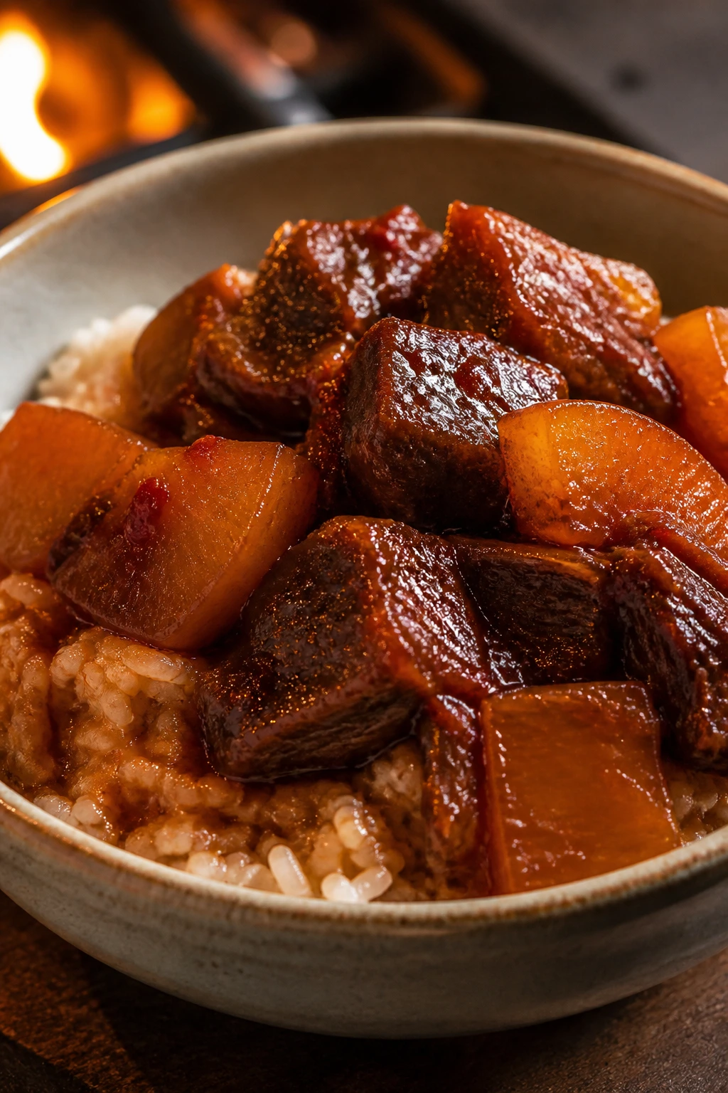 Medium close-up of gochujang braised beef with daikon and rice in a ceramic bowl