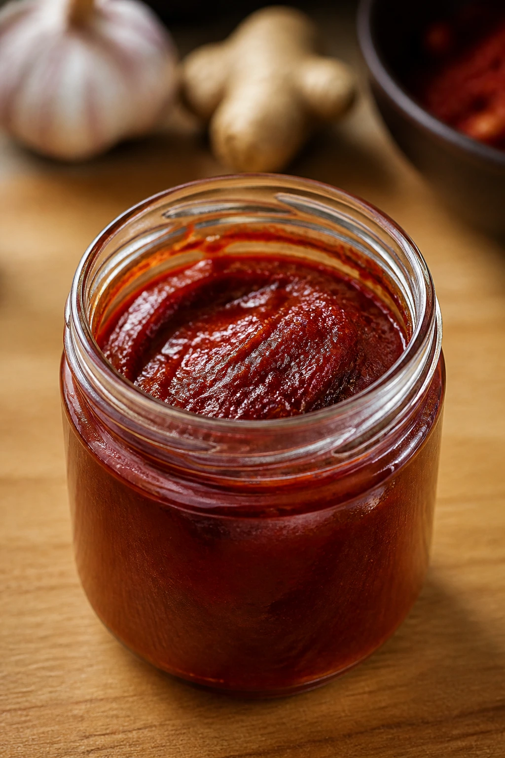 Close-up of gochujang paste in a glass jar on a wooden counter, no label text