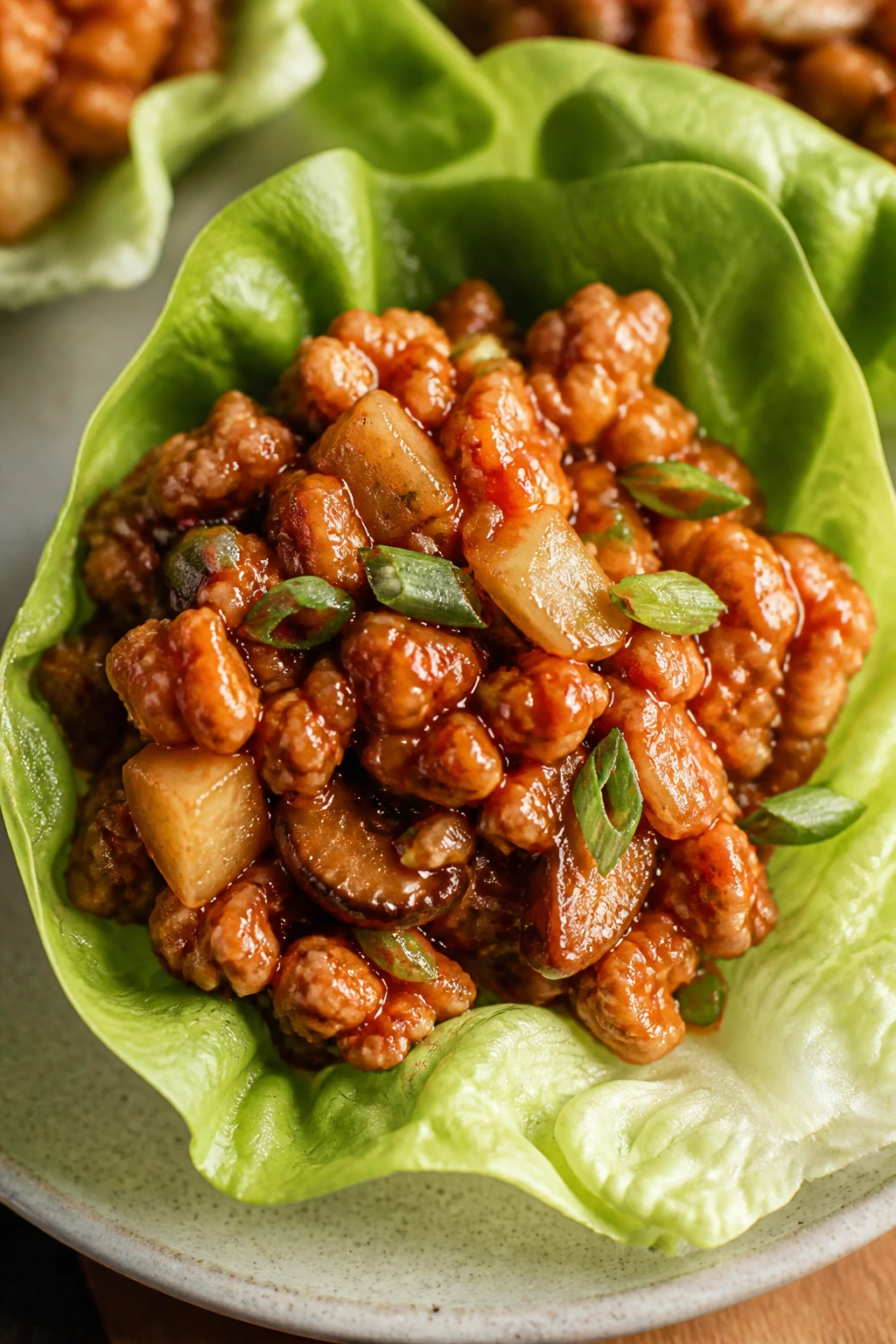 Close-up of a lettuce cup filled with spicy gochujang chicken and mushrooms