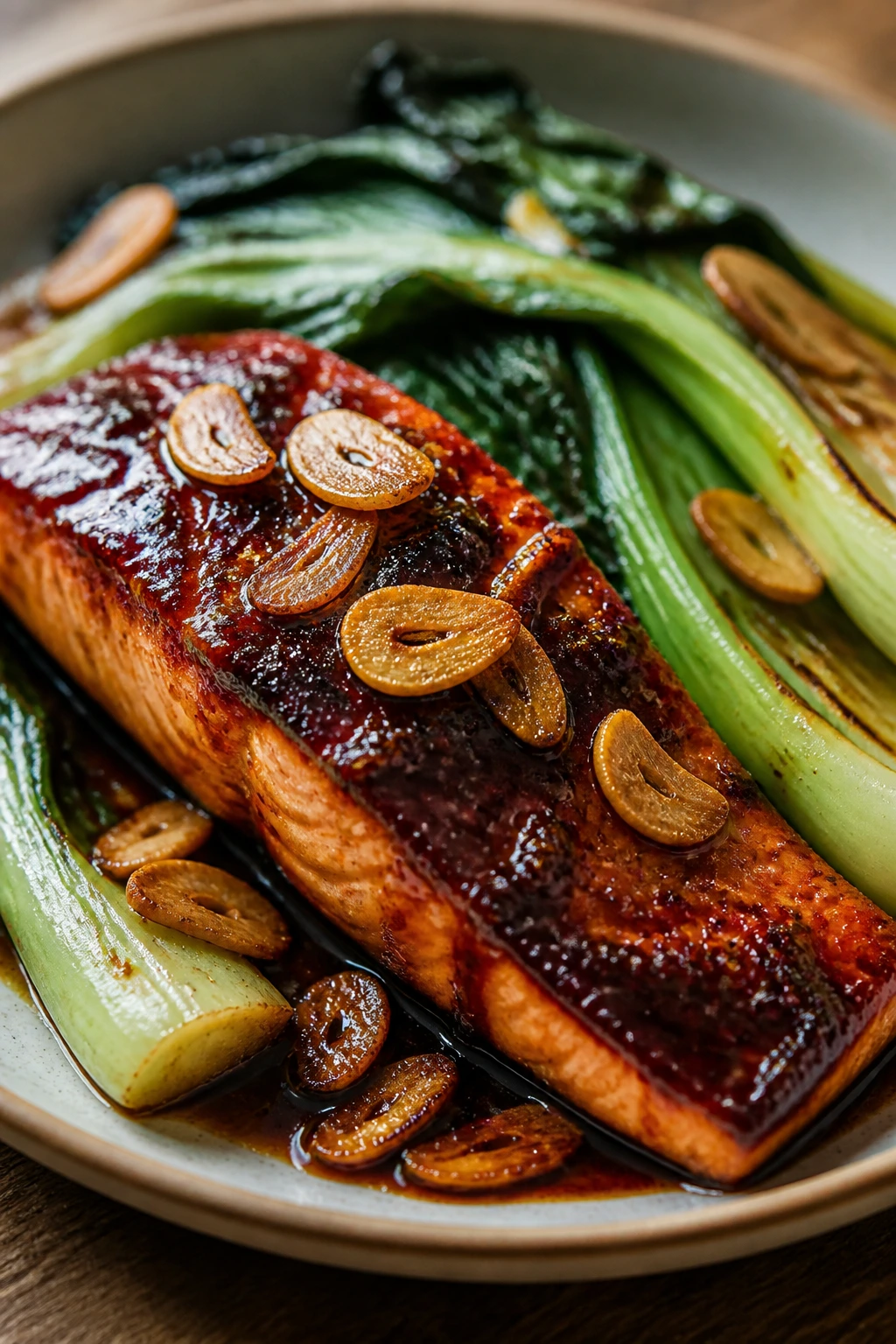 Close-up of glazed gochujang salmon with bok choy