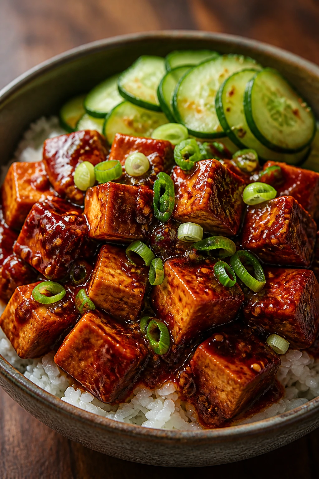 Close-up of gochujang-topped tofu bowls with rice and cucumber