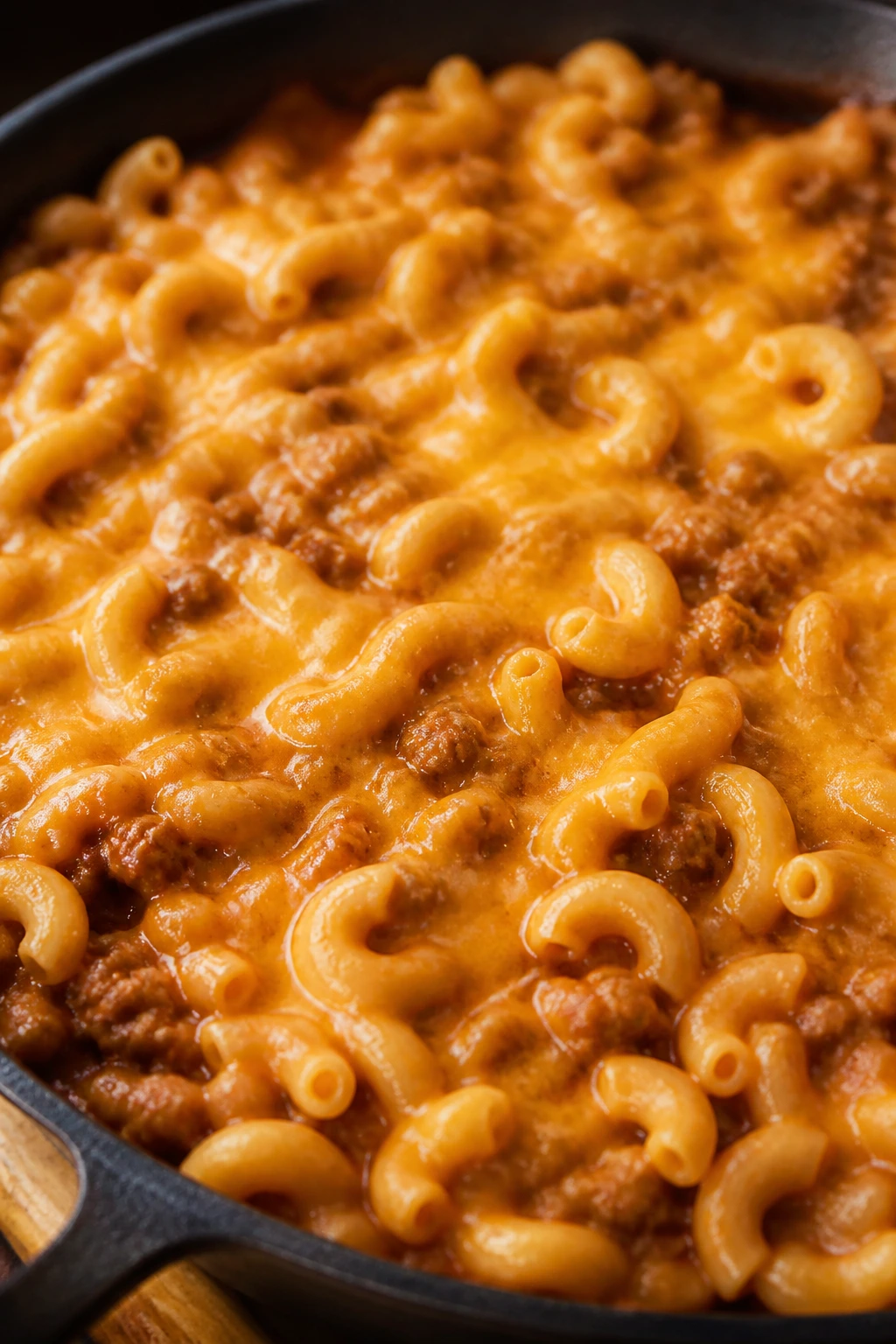 Goulash in a skillet with elbow macaroni and cheddar, steaming and rich