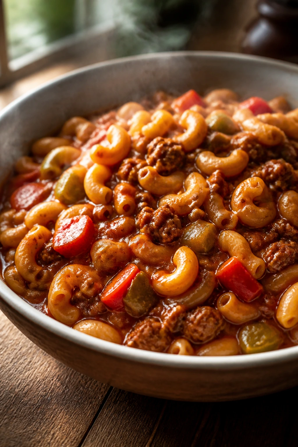 Close-up of a steaming bowl of American Goulash with Peppers and Paprika featuring beef, pasta, and peppers