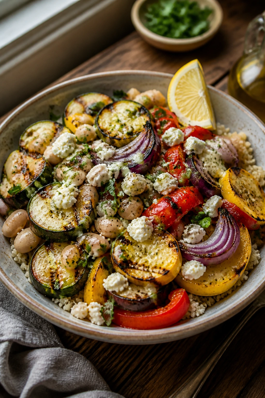Close-up of a vibrant grain bowl with quinoa, grilled vegetables, white beans and feta on a wooden table.