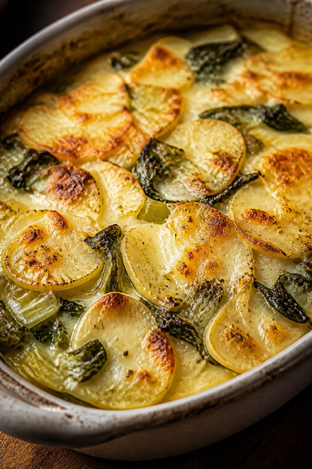 Gratin with potatoes, leeks, and Swiss chard in warm kitchen light