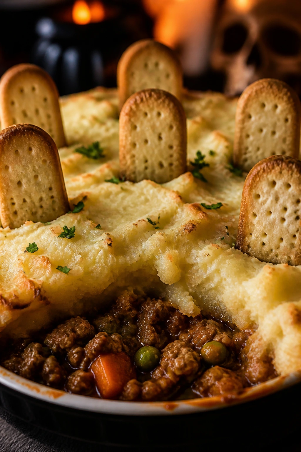Close-up of Graveyard Shepherd's Pie with mashed potato top and cracker tombstones on a rustic table
