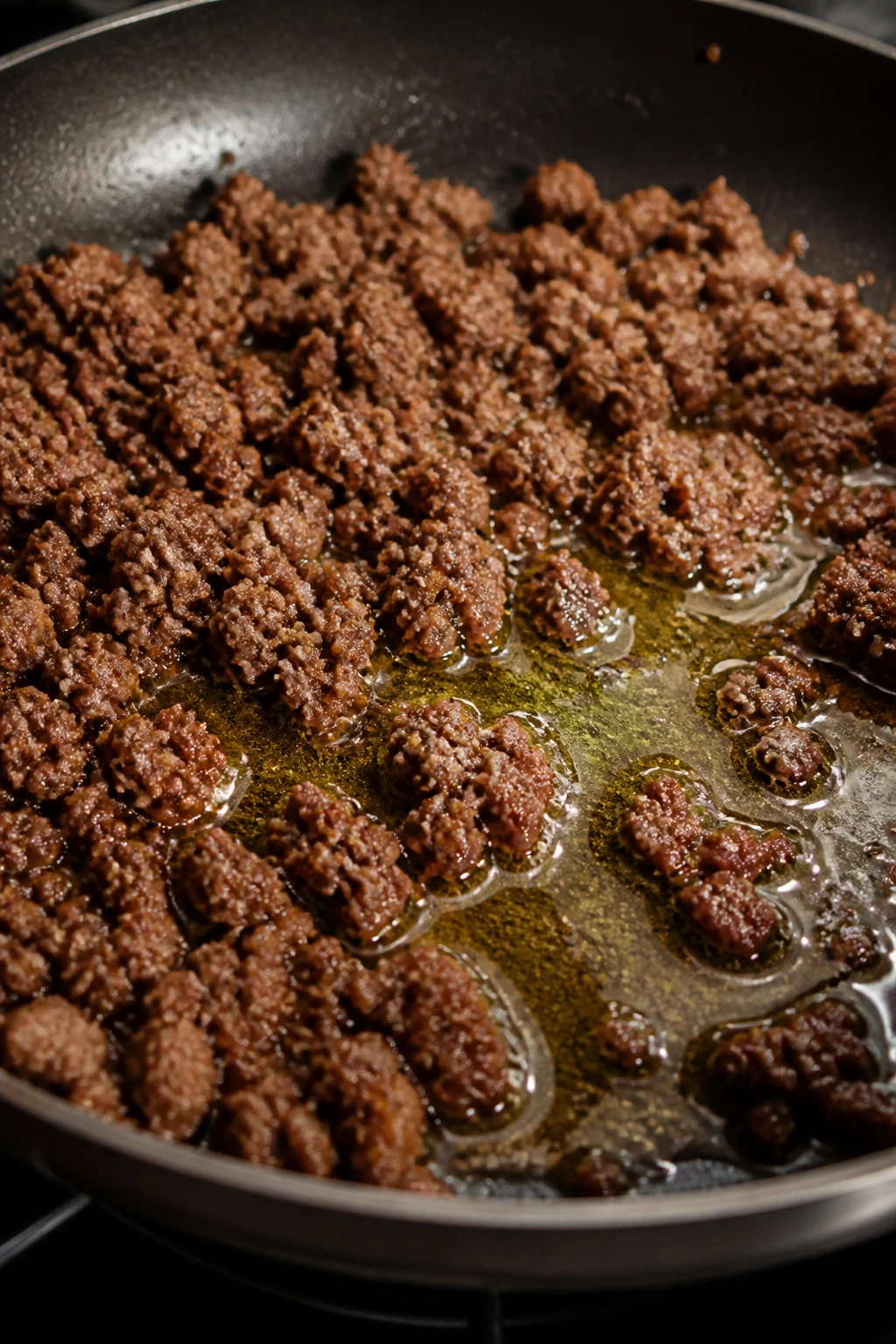 Greasy ground beef in a skillet with visible fat