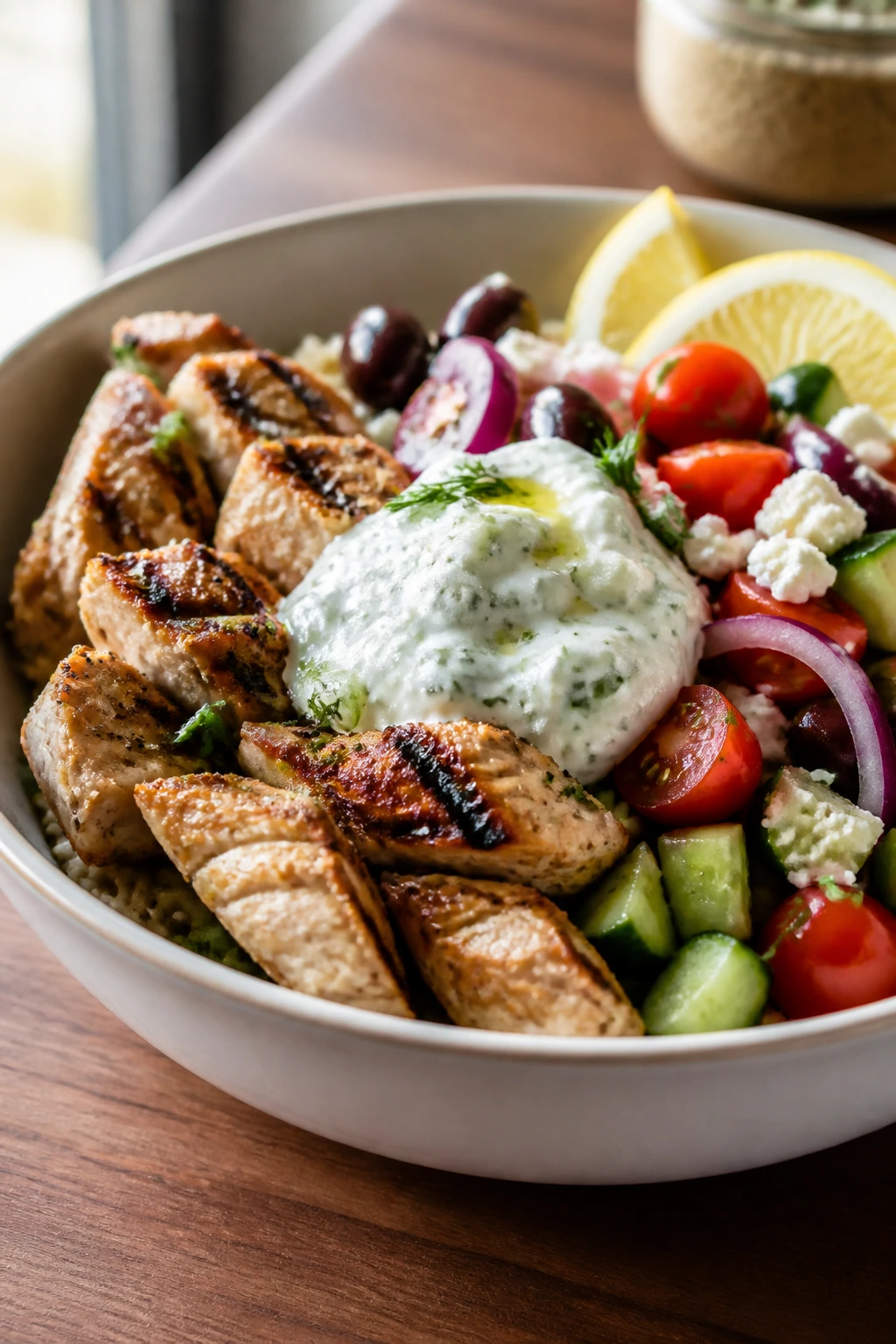 Close-up of a Greek chicken bowl with tzatziki on a wooden table