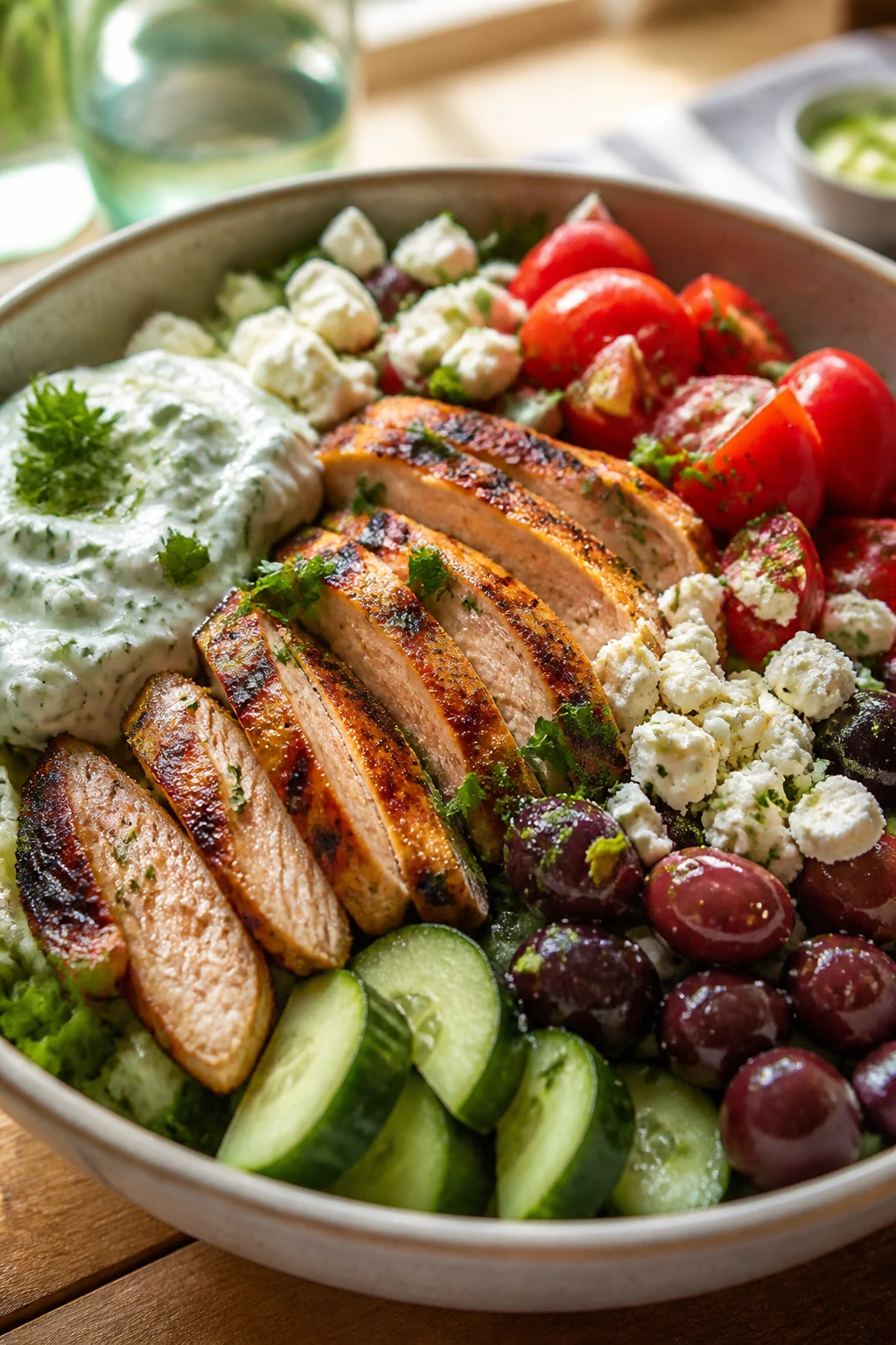 Greek chicken bowl with tzatziki close-up