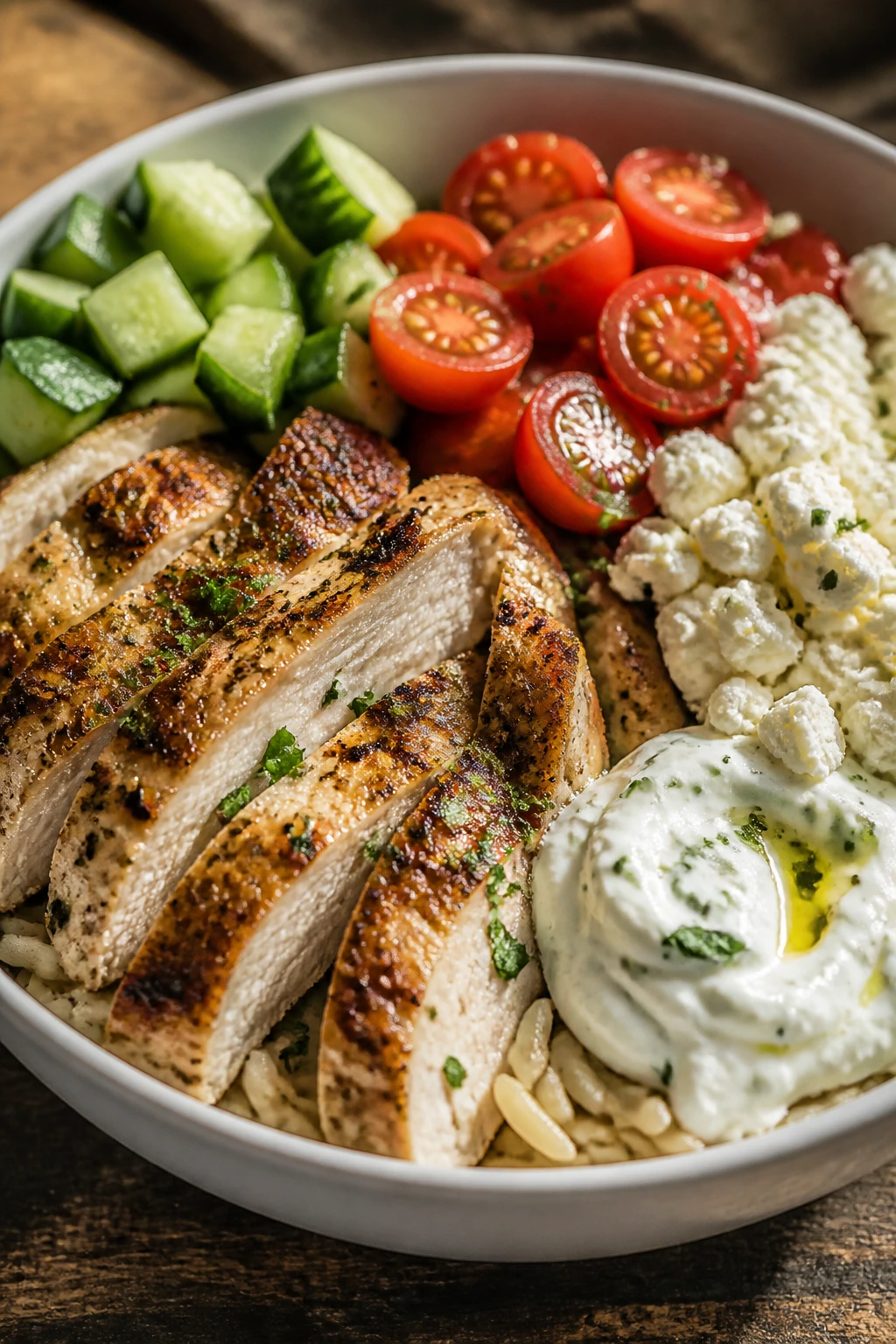 Close-up of Greek chicken bowls with cucumber, feta, tomatoes, and tzatziki