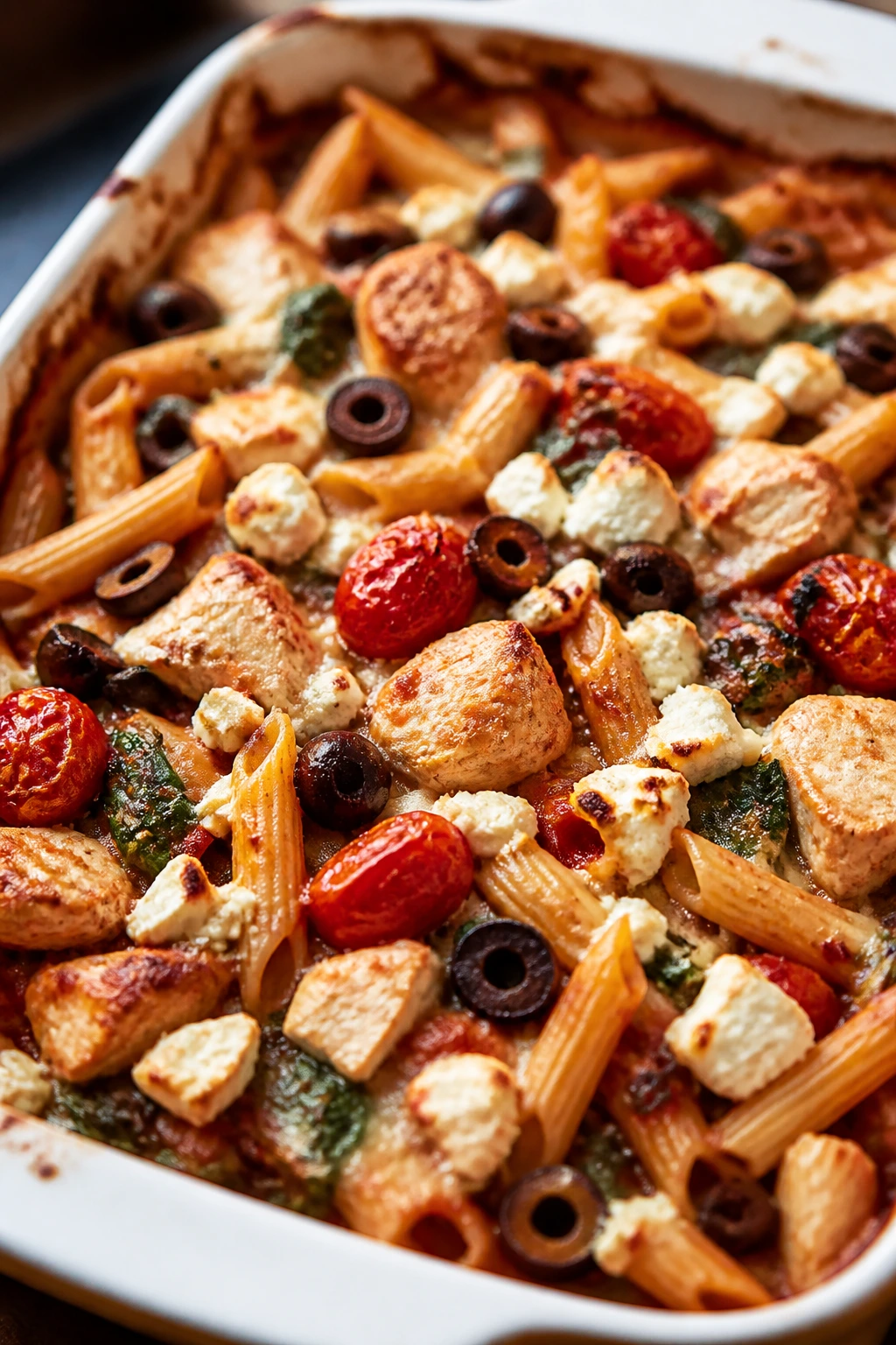 Close-up of Greek chicken feta pasta bake with feta and olives